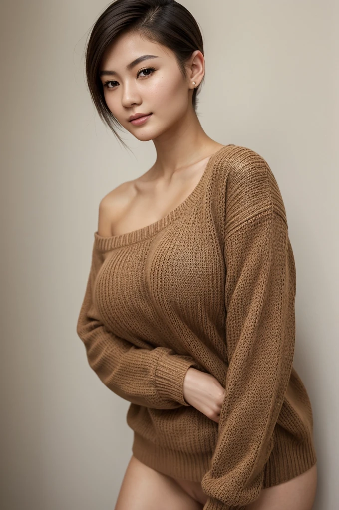 Woman, Russian, Asian, 20 Years old, big breasts, Oiled skin, Beautiful face, Narrow jaw, Small nose, Seductive smirk, Makeup, Brunette hair, Short hair, Pixie, Naked, Sweater, Decollete, Pullover, Portrait, Full body, Standing, Realism, Masterpiece, Neoclassicism, slimthick, big breasts