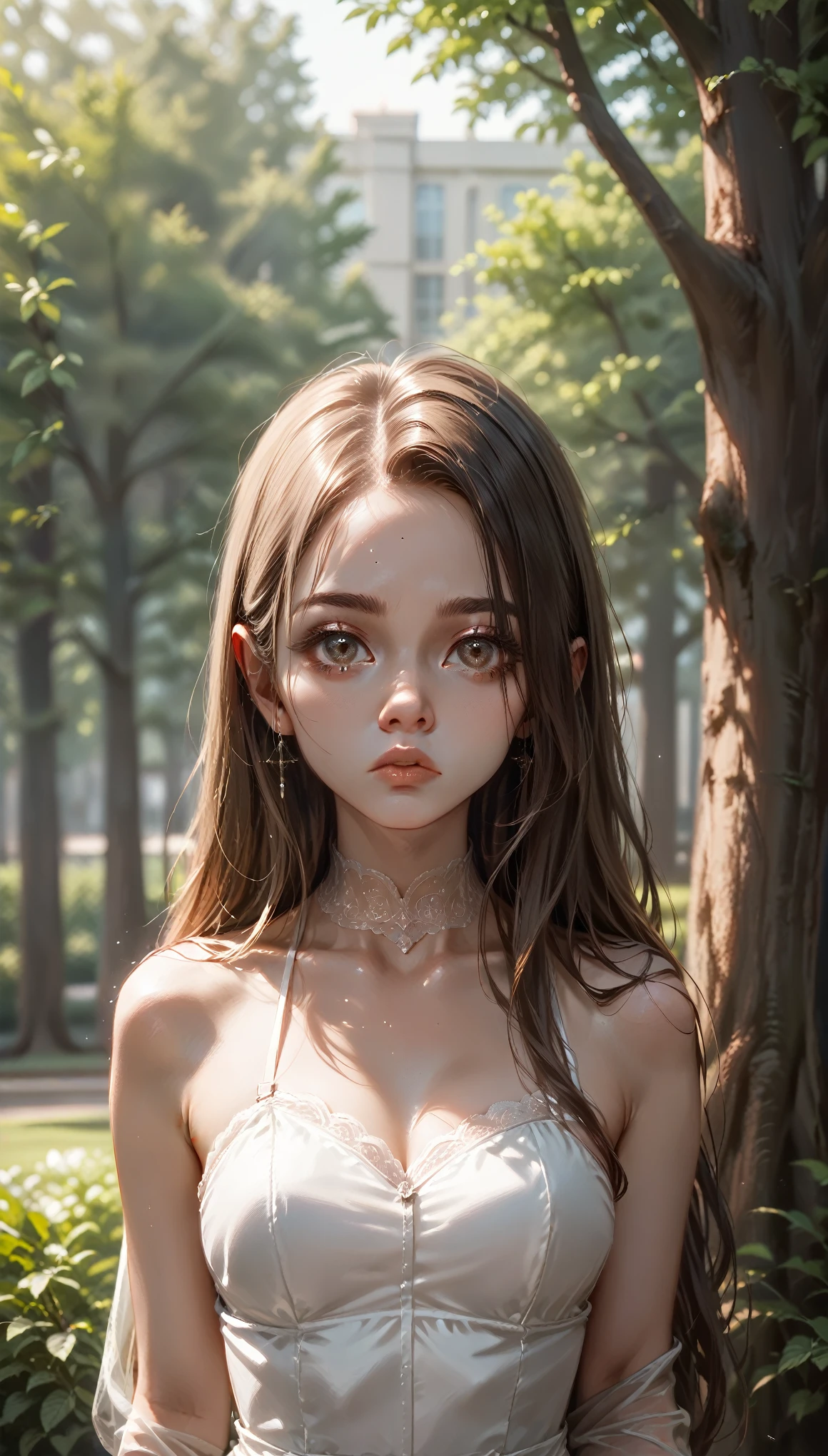 score_9、score_8_up、score_7_up, A beautiful girl leaning against a tree, park, sad expression, detailed face, long eyelashes, delicate lips, porcelain skin, elegant dress, cinematic lighting, dramatic shadows, muted color palette, melancholic atmosphere, intricate background details, cinematic composition, masterpiece, photorealistic, 8k, high quality