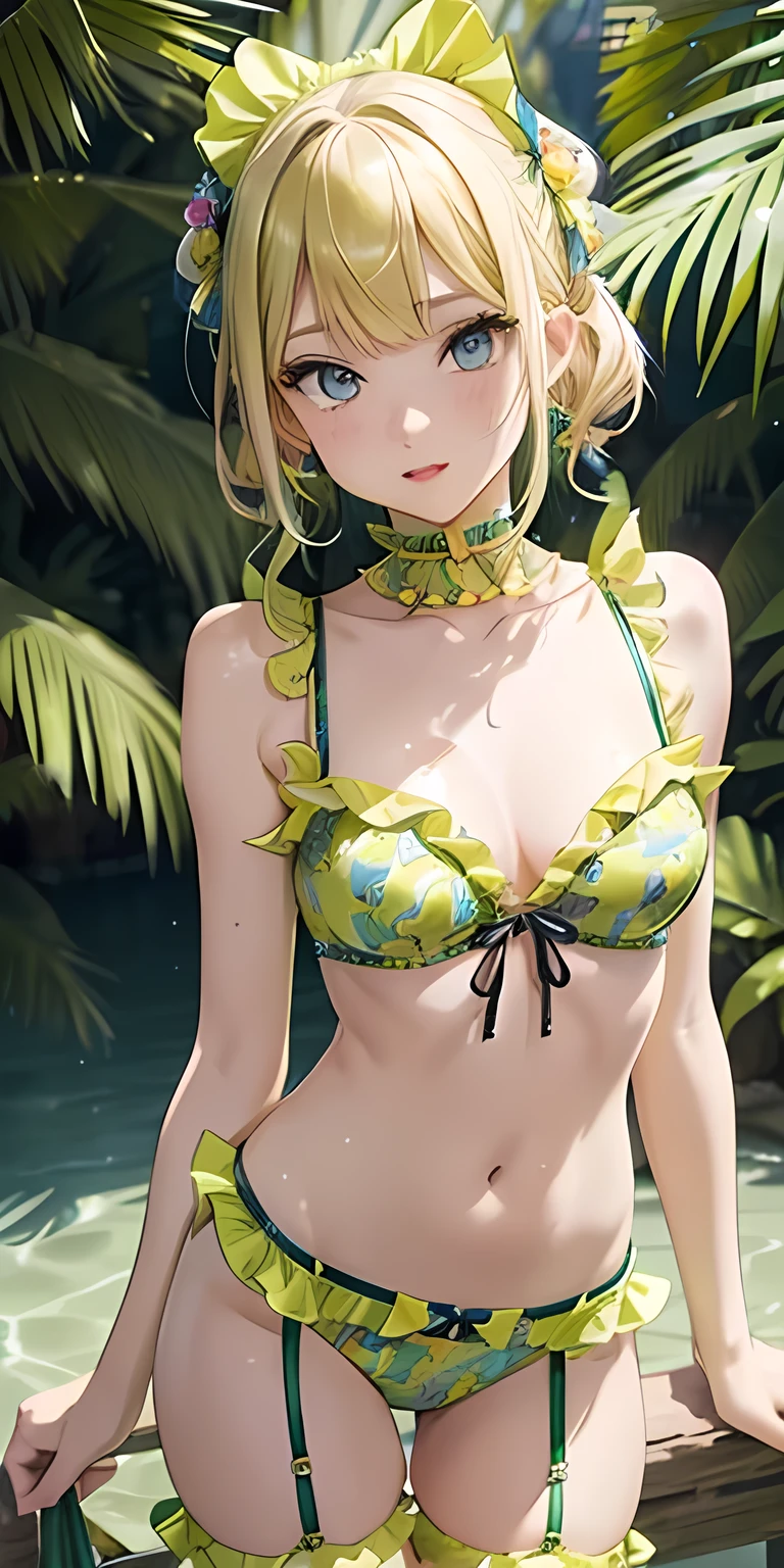 sexy pose、Ingenious、Colourful creative print ruffle bikini in yellow-green tones 、Ruffled Garter :1.8、Focus on garter belts、 blue eyes 、Blonde、Thin eyebrows, Glitter Eyeliner 、 nature , (Glossy lips: 1.4)、