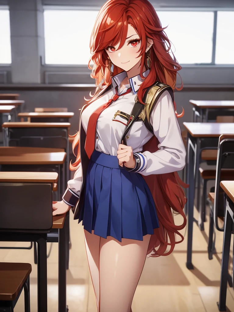 1woman, wearing a highschool uniform, white shirt and blue skirt, at a classroom , red hair and red eyes, 8k, high detailed, high quality, high accuracy, no other clothes, full body