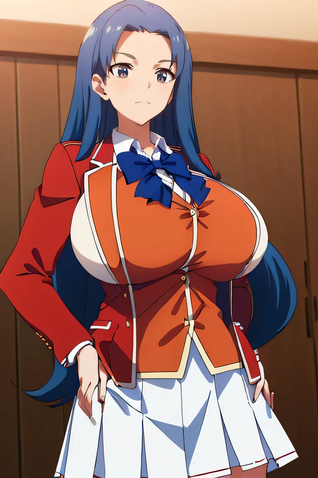 (((Huge tits))), busty, masterpiece, best quality, highres, 1girl haruka hasebe blue hair, school uniform white skirt white skirt red jacket orange vest blue bowtie hands in pockets, smile