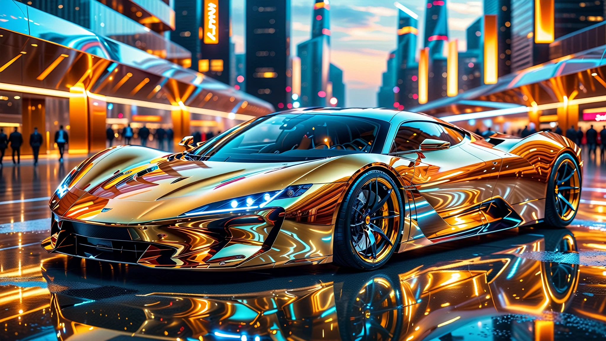 A Masterpiece In 32K Resolution, Supreme Quality, Super Detail, Official Art, Very High-Resolution 32K Wallpaper. Gleaming And Technological, Ultra-Detailed Features. The City Features Towering Silver Skyscrapers And Transparent, Crystalline Domes That Shimmer In The Night. The Streets Are Packed With Sleek Supercars, Leaving Trails Of Fiery Light That Cut Through The Cool, A Gleaming, Ultra-Modern Supercar, Radiating With A Golden Glow As If Forged From Molten Metal, Metallic Hues Of The Metropolis, Casting A Warm Glow Over The Entire Scene. Every Detail Embodies The Essence Of Futuristic Technology And Sophisticated Design.