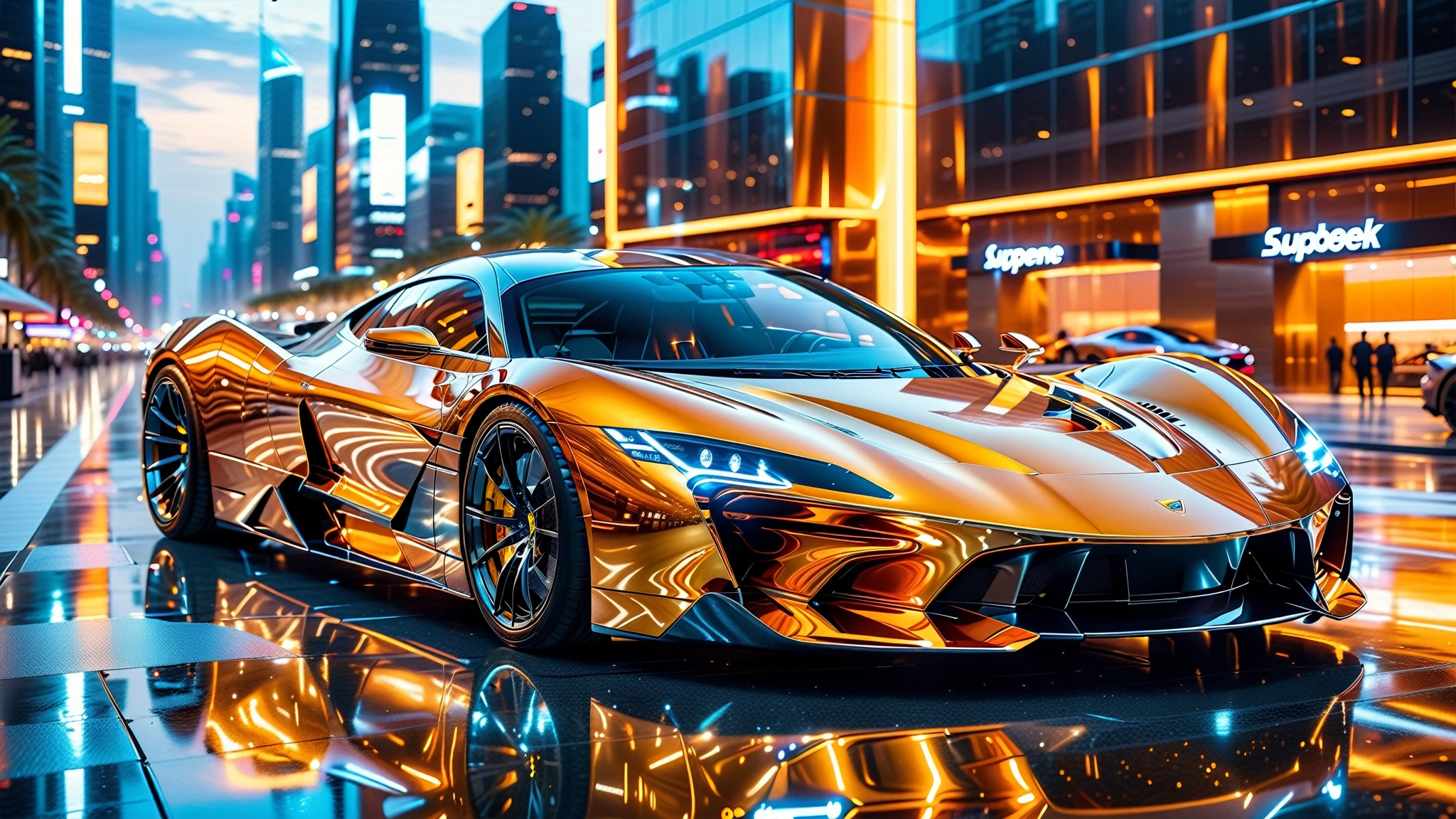 A Masterpiece In 32K Resolution, Supreme Quality, Super Detail, Official Art, Very High-Resolution 32K Wallpaper. Gleaming And Technological, Ultra-Detailed Features. The City Features Towering Silver Skyscrapers And Transparent, Crystalline Domes That Shimmer In The Night. The Streets Are Packed With Sleek Supercars, Leaving Trails Of Fiery Light That Cut Through The Cool, A Gleaming, Ultra-Modern Supercar, Radiating With A Golden Glow As If Forged From Molten Metal, Metallic Hues Of The Metropolis, Casting A Warm Glow Over The Entire Scene. Every Detail Embodies The Essence Of Futuristic Technology And Sophisticated Design.