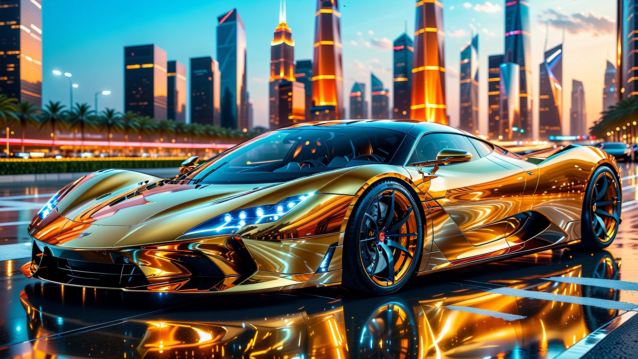 A Masterpiece In 32K Resolution, Supreme Quality, Super Detail, Official Art, Very High-Resolution 32K Wallpaper. Gleaming And Technological, Ultra-Detailed Features. The City Features Towering Silver Skyscrapers And Transparent, Crystalline Domes That Shimmer In The Night. The Streets Are Packed With Sleek Supercars, Leaving Trails Of Fiery Light That Cut Through The Cool, A Gleaming, Ultra-Modern Supercar, Radiating With A Golden Glow As If Forged From Molten Metal, Metallic Hues Of The Metropolis, Casting A Warm Glow Over The Entire Scene. Every Detail Embodies The Essence Of Futuristic Technology And Sophisticated Design.