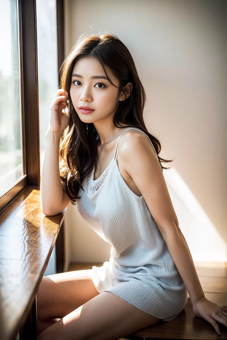 Dark brown hair、Light brown eyes、Japanese actress、I am about 40 years old.....、(Intricate details:1.2)、(Which is the top?????:1.4)、 (Ultra-high resolution:1.2)、Ultra-high resolution、(Finely tuned)、(Detailed facial features)、Hmph、8K resolution、D cup size breasts、Long Hair、Large windows、Extravagant space、relax、、,Full body photo、headからつま先までのショット、Beautiful feet、Beautiful feet、Airy, Sunny living room、ソファにsit、she, household items,   (plant:0.8), Fashion Hub, Very detailedな, Very detailed, Realistic, Hourglass Shaped Body, Obscene pose,、、私 cry a lot、tears、person on the left、White wall、White floor、diagonally from below、please lift your chin、Put your butt against the wall、relaxした表情、Pose of Weakness、(auraroid photo:1.2)、From outside the window、A masterpiece of transparent painting、8K、32k、Highest quality、(Details of both eyes)、1 Girl、elegant、(Loose knit camisole :1.4)、sit、(Top View、Take a look here、Tilt&#39;head:1.2)、Hilarious、Looking into the camera、Lean on、