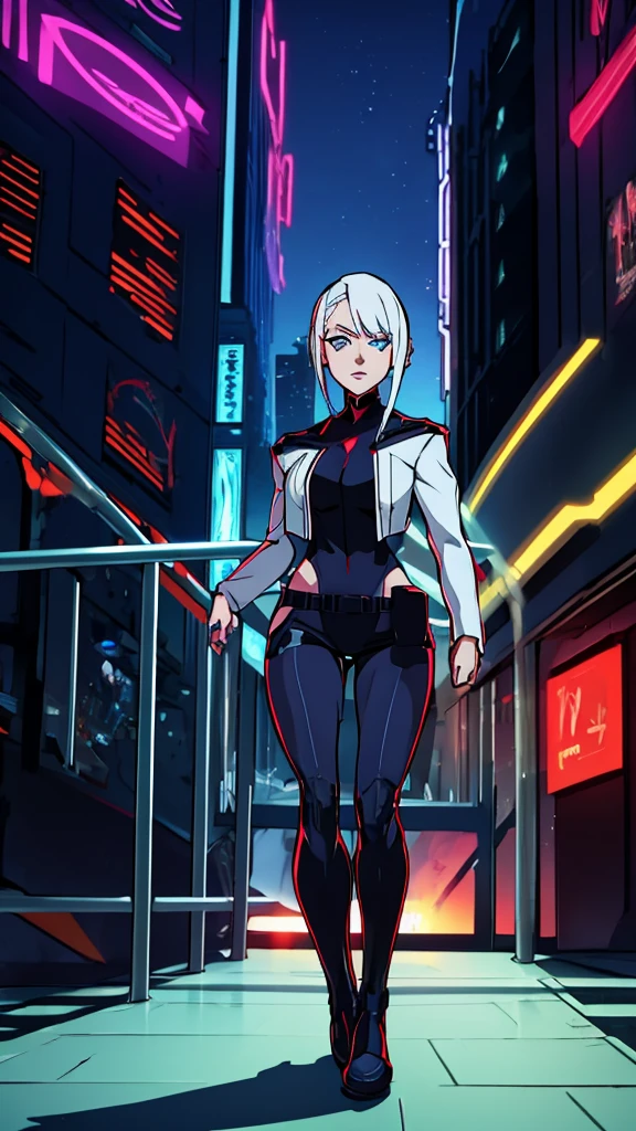 lucy \(cyberpunk\),Generation art astyle, Draw style, Art style, Style, Sunset71, 1girl, white hair, short hair, white skin, blue eyes, walking on street
