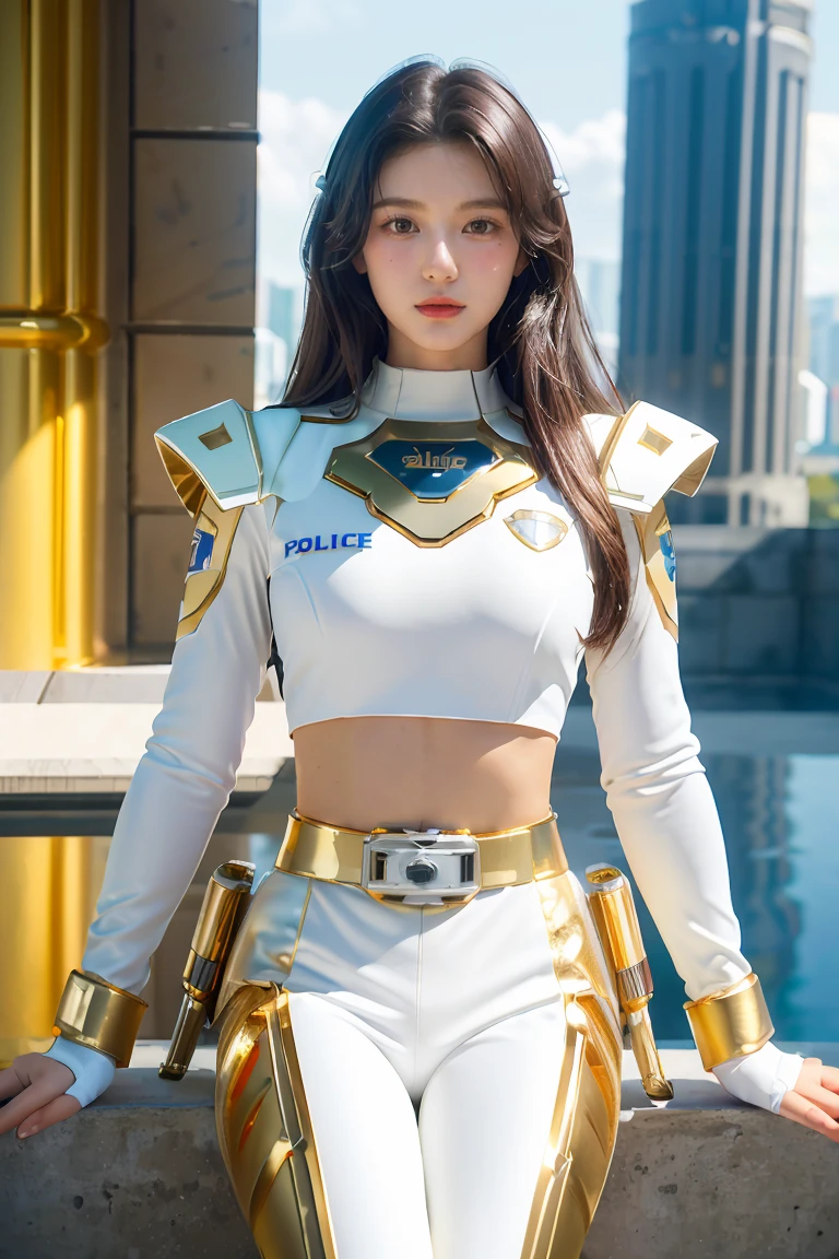 ((masterpiece, best quality, extremely detailed), volumetric lighting, ambient occlusion, colorful, glowing), 
1girl, solo, young girl, (dark hair), long hair, halo, aura, sacred, goddess, cleric suit, (white outfit with gold detailst:1.3), armor,
outdoors, sunset, sky, clouds, space, (fantasy theme:1.2),ม 1girl, full body, Illustration, cinematic light, high resolution, best quality, ultra-detailed, masterpiece, power suit, powerranger, suit, spd, (Silver and Gold chest plate), white and gold detail, (((white suit))), ((police theme:1.2))
