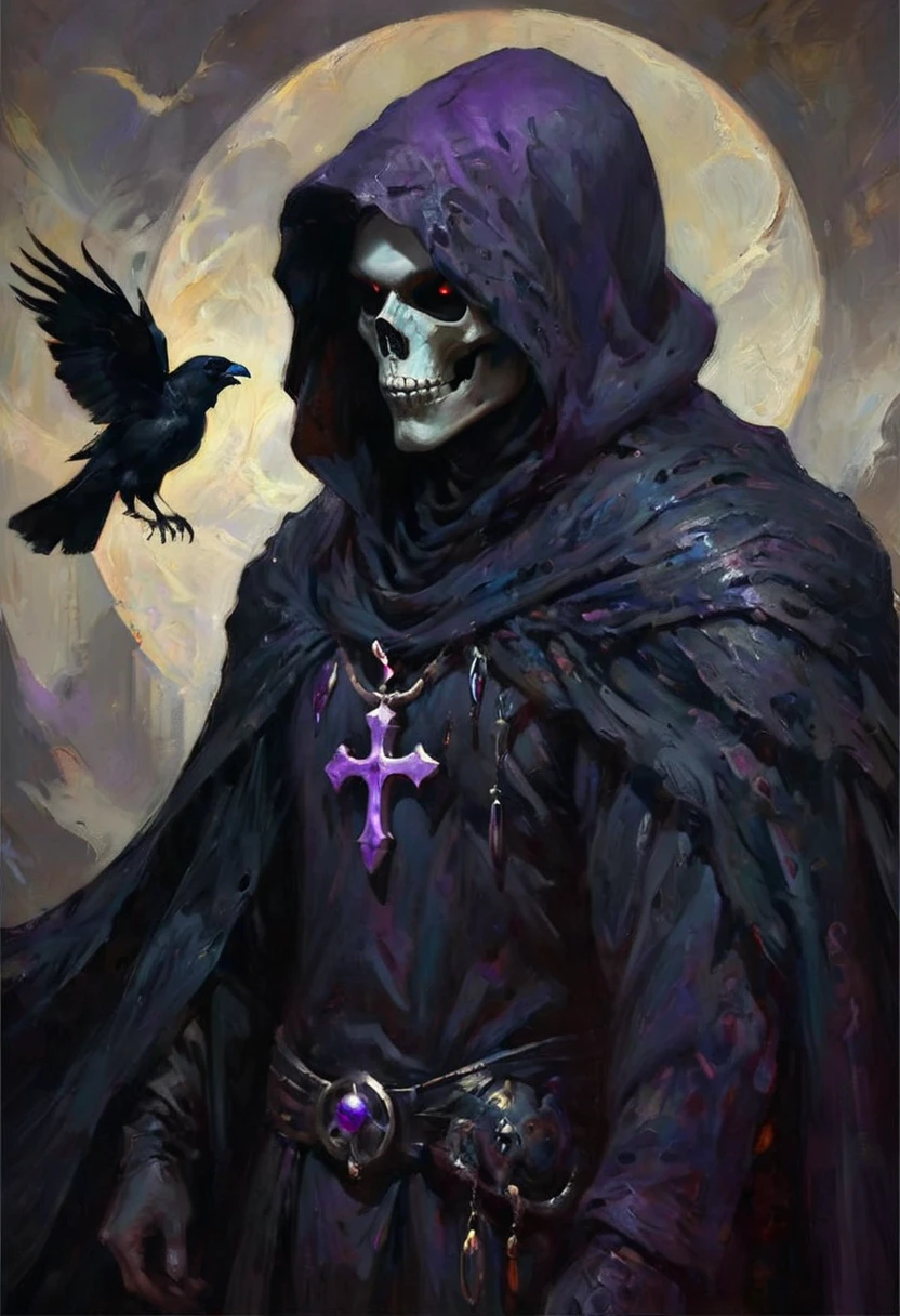 (dark fantasy).(realistic illustration:1.4). A male hooded shadow wraith, obsidian skin, a being of pure shadow. with ((violet eyes)), ((black obsidian skull face)), black armor, cross pendant, tall, imposing, with his raven bird