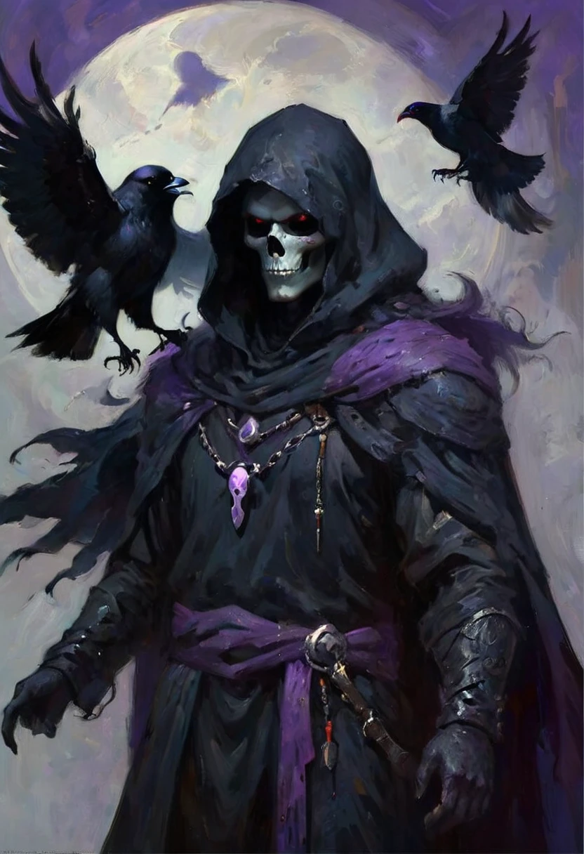 (dark fantasy).(realistic illustration:1.4). A male hooded shadow wraith, obsidian skin, a being of pure shadow. with ((violet eyes)), ((black obsidian skull face)), black armor, cross pendant, tall, imposing, with his raven bird