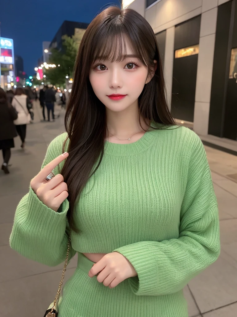 Full body:1.9, Highest quality, shape, Very detailed, finely, High resolution, 8k wallpaper, perfect dynamic shape, Beautiful and beautiful eyes, Body up:1.9,Outfits are green winter street fashion:1.9,　Straight hair,Small breasts、Natural Color Lip, Bold sexy pose,smile、20-year-old girl、cute、sexy shot looking at camera,Night view,Beautifully detailed face、KPOP idol faces,The face of the Japan idol,Elegant face,Classy woman,Slim face and body,Small face,Big eyes,very cute face,Putting on gal makeup