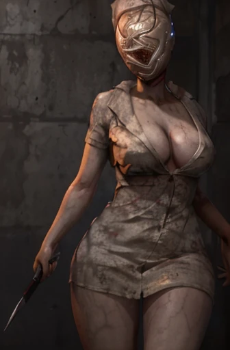 Silent Hill pyramid head Red eyes sexy Super huge big breasts breast enlargement Standing alone in an abandoned city full-body shot Looking at the camera illustration, ultra-detailed, HDR, vibrant colors, soft lighting