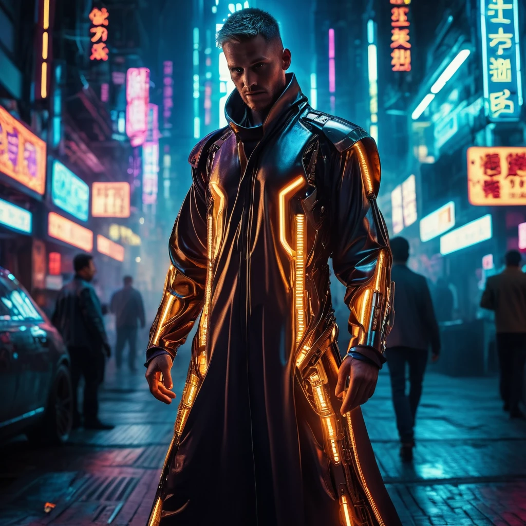 (best quality:1.3), (best performance:1.2), (best illustration:1.2), (Comic style:1.2), (artistic cinematic lighting:1.2) (1man) wearing futuristic technological Cyberpunk electronic robes, his body is covered by metallic parts, in a cinematic horror movie background in a futuristic Cyberpunk city.