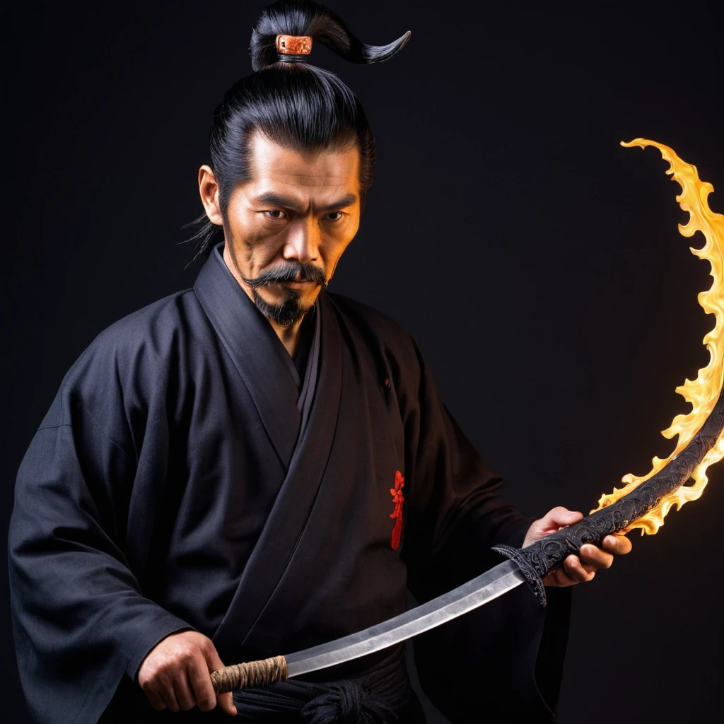 A man, holding a black sickle decorated with Japanese symbols meaning death, a black flame coming out of the decoration, the edges of the sickle come out of it black winds with ghosts of skulls, the best Judy for the face and sickle The man is wearing appropriate clothes of sickle steel, the man's hair is black, the man is the embodiment of the shinigami, (the background of the CG 8k module is very detailed) (best quality), (best illustration), (best shades), very detailed t 