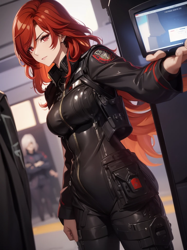 1woman, as a police lady, wearing police uniform, at a police station , red hair and red eyes, 8k, high detailed, high quality, high accuracy, no other clothes, full body