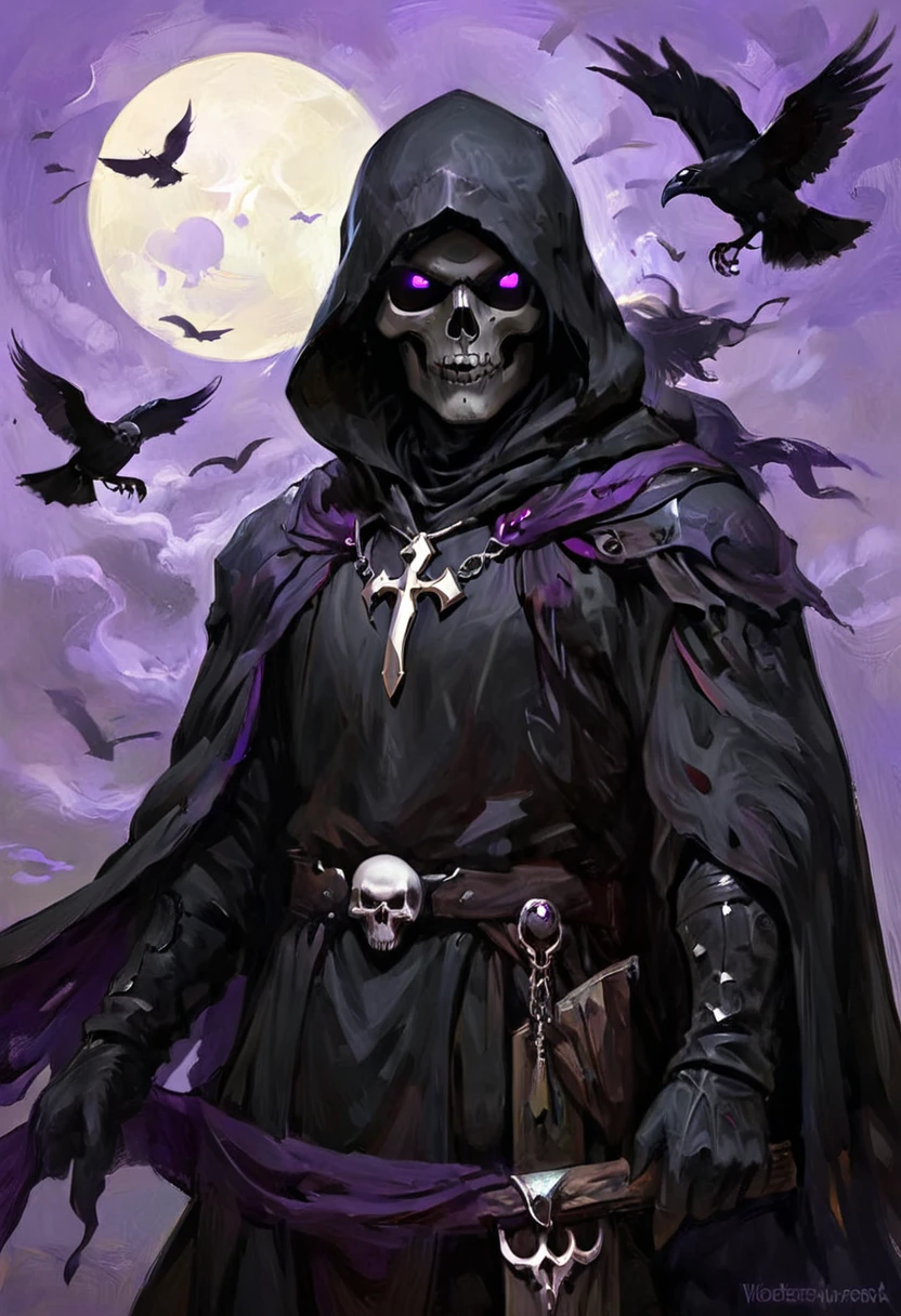 (dark fantasy).(realistic illustration:1.4). A male hooded shadow wraith, obsidian skin, a being of pure shadow. with ((violet eyes)), ((obsidian black skull face:1.2)), black armor, cross pendant, tall, imposing, with his raven bird