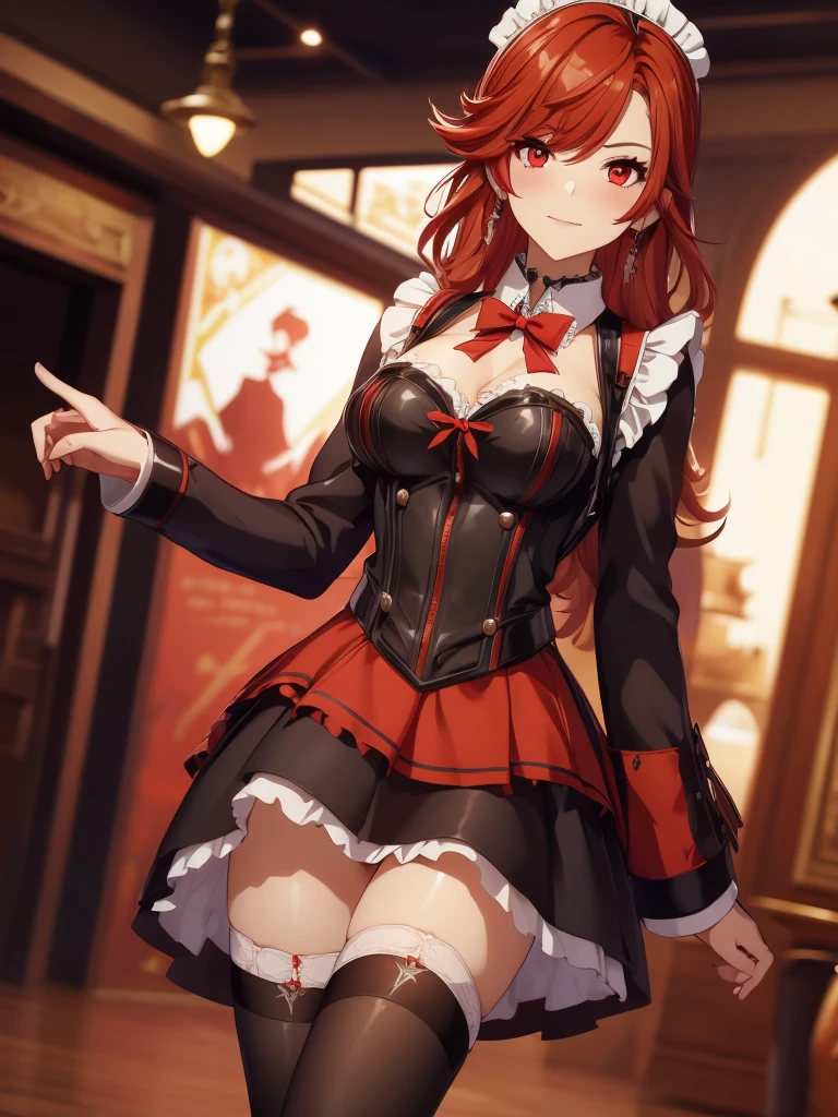 1woman, as a maid, wearing maid outfit, at a maid cafe, upskirting, upskirt shot, red panty(underwear), teasing, red hair and red eyes, 8k, high detailed, high quality, high accuracy, no other clothes, full body