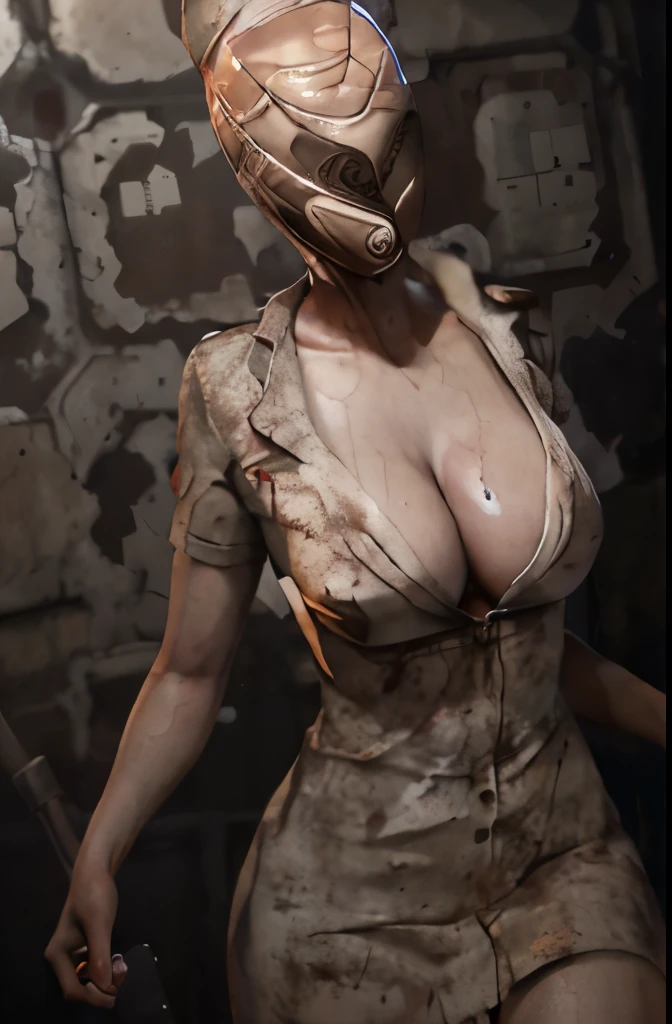 1 Girl, Bubble Head (Silent Hill), big breasts, nurse uniform, exposed cleavage, perfect curves, disfigured face, sexy legs, glowing skin, Bubble Head with your finger close to your mouth, sensualizing 