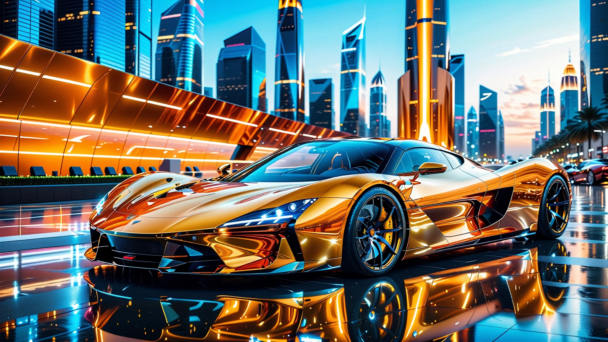 A Masterpiece In 32K Resolution, Supreme Quality, Super Detail, Official Art, Very High-Resolution 32K Wallpaper. Gleaming And Technological, Ultra-Detailed Features. The City Features Towering Silver Skyscrapers And Transparent, Crystalline Domes That Shimmer In The Night. The Streets Are Packed With Sleek Supercars, Leaving Trails Of Fiery Light That Cut Through The Cool, A Gleaming, Ultra-Modern Supercar, Radiating With A Golden Glow As If Forged From Molten Metal, Metallic Hues Of The Metropolis, Casting A Warm Glow Over The Entire Scene. Every Detail Embodies The Essence Of Futuristic Technology And Sophisticated Design.