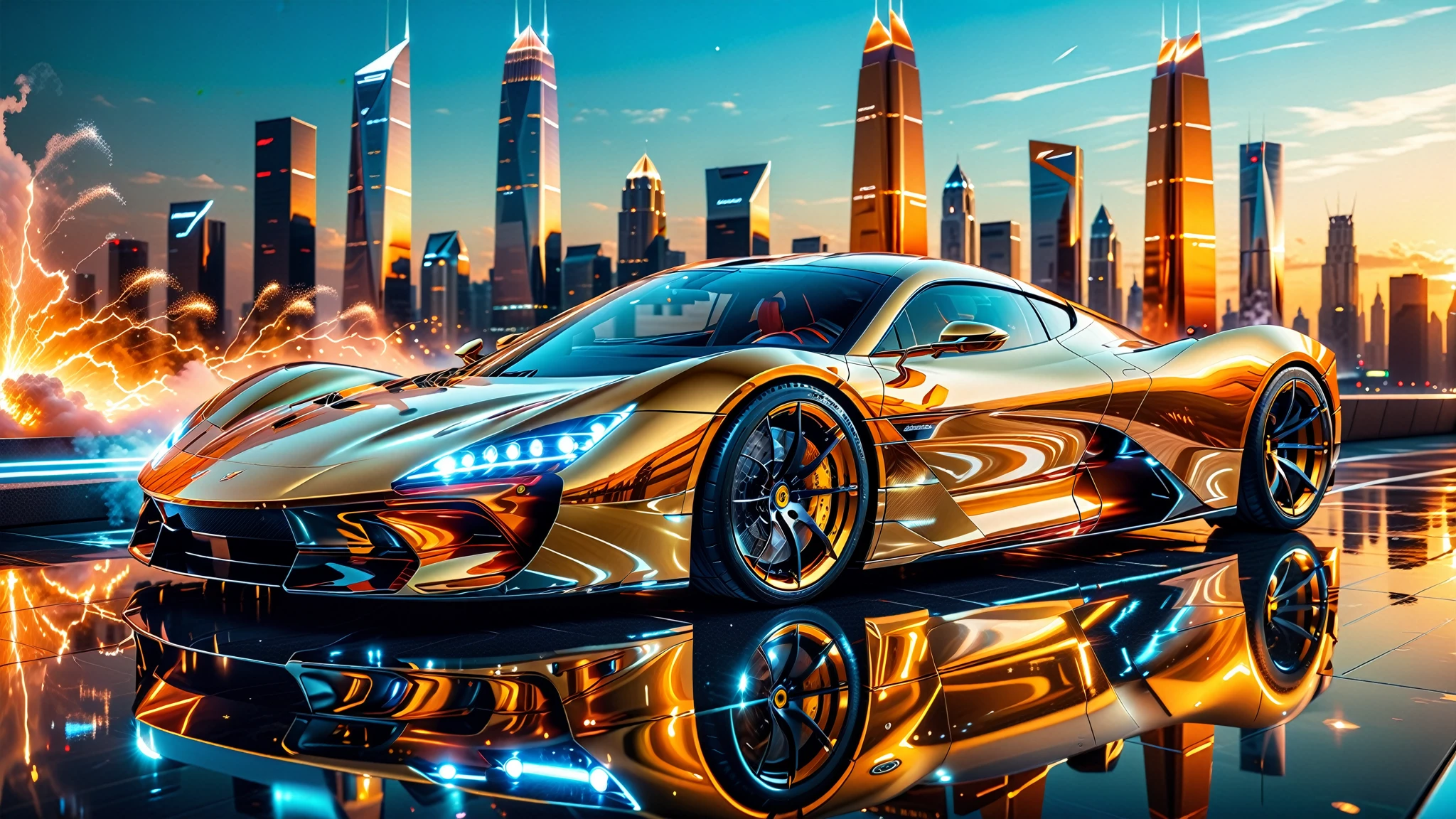 A Masterpiece In 32K Resolution, Supreme Quality, Super Detail, Official Art, Very High-Resolution 32K Wallpaper. Gleaming And Technological, Ultra-Detailed Features. The City Features Towering Silver Skyscrapers And Transparent, Crystalline Domes That Shimmer In The Night. The Streets Are Packed With Sleek Supercars, Leaving Trails Of Fiery Light That Cut Through The Cool, A Gleaming, Ultra-Modern Supercar, Radiating With A Golden Glow As If Forged From Molten Metal, Metallic Hues Of The Metropolis, Casting A Warm Glow Over The Entire Scene. Every Detail Embodies The Essence Of Futuristic Technology And Sophisticated Design.