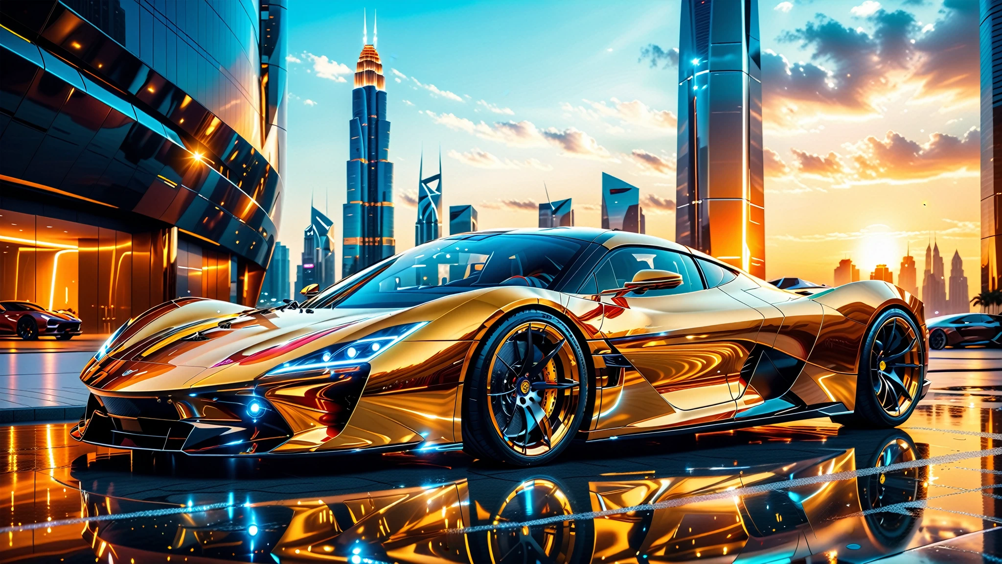 A Masterpiece In 32K Resolution, Supreme Quality, Super Detail, Official Art, Very High-Resolution 32K Wallpaper. Gleaming And Technological, Ultra-Detailed Features. The City Features Towering Silver Skyscrapers And Transparent, Crystalline Domes That Shimmer In The Night. The Streets Are Packed With Sleek Supercars, Leaving Trails Of Fiery Light That Cut Through The Cool, A Gleaming, Ultra-Modern Supercar, Radiating With A Golden Glow As If Forged From Molten Metal, Metallic Hues Of The Metropolis, Casting A Warm Glow Over The Entire Scene. Every Detail Embodies The Essence Of Futuristic Technology And Sophisticated Design.