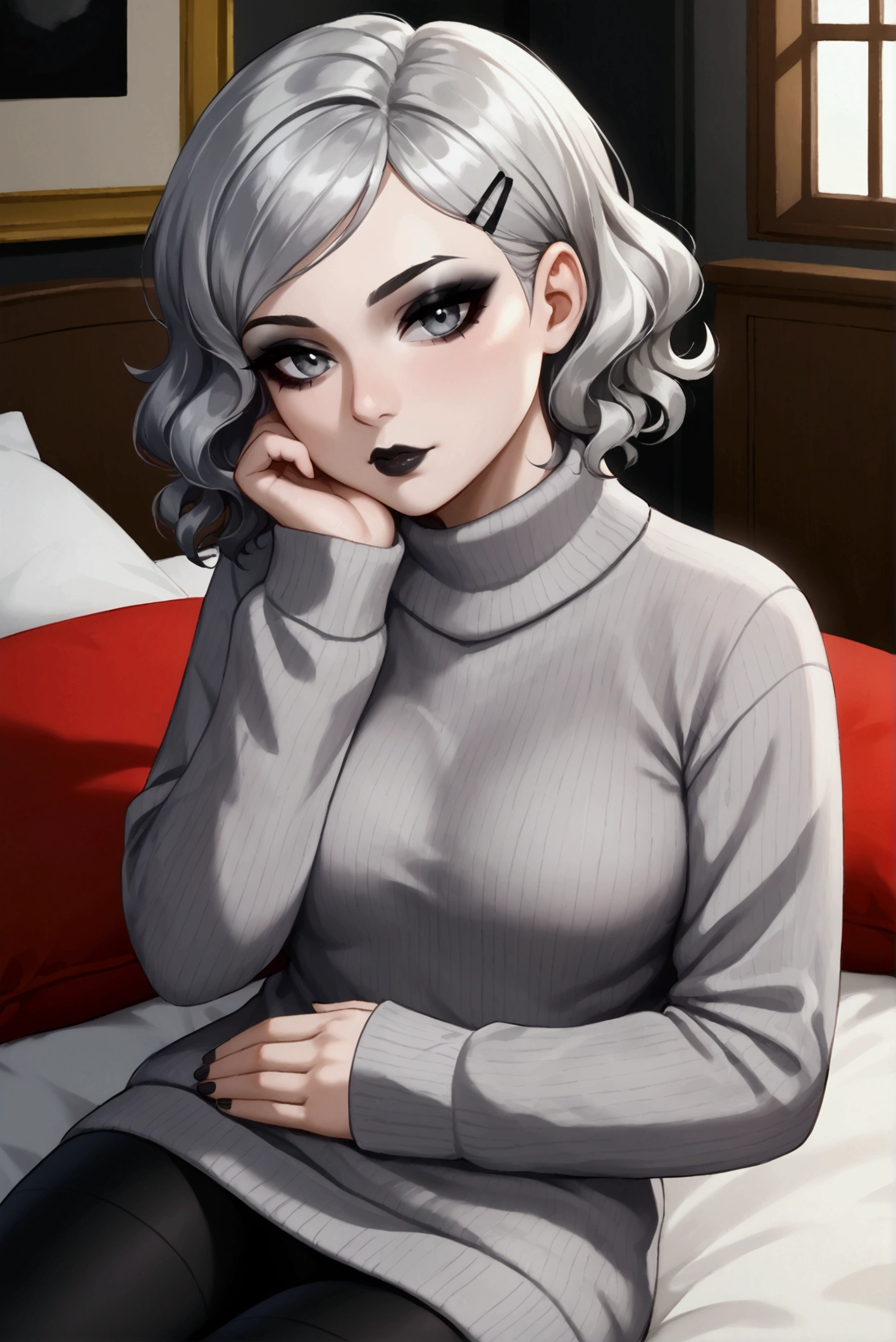 1girl, 18 year old female, silver hair, black lips, goth eyeliner, short hair, wavy hair, gray eyes, silver sweater, black leggings, indoors, bedroom, goth stare, pudgy face, bright red hair clip, laying towards viewer, head resting on hands