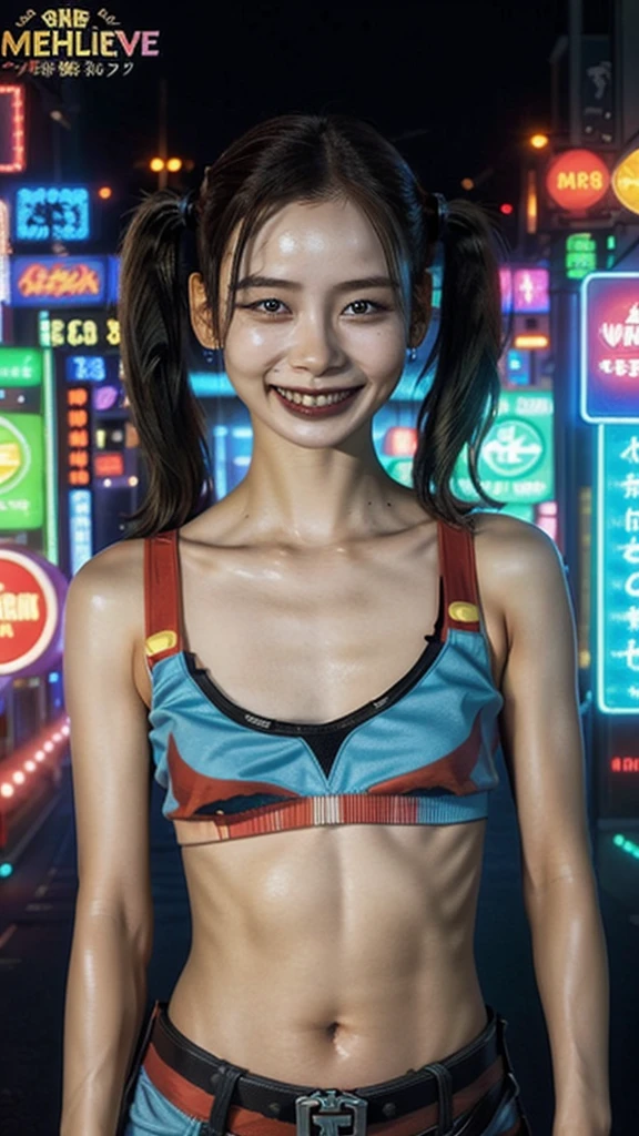 (Highest quality、Masterpiece、Best Quality、 Kampala)、One Woman、Alone、whole body、Smiling Kindly、(flat chest、small breast、slim body)、( Harley Quinn Costume:1.3)、(night、深night、metropolis、 Neon Street、輝くnight景、nightの商店街、nightのタイムズスクエア)