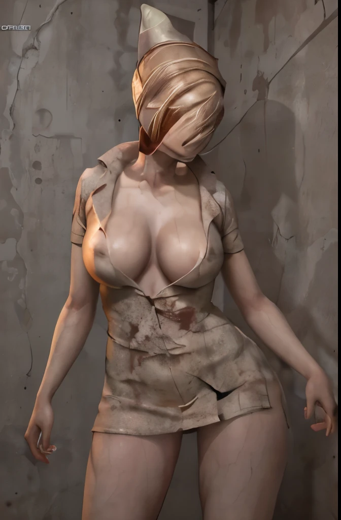 1 Girl, Bubble Head (Silent Hill), Naked, big breasts, erect nipples, exposed vagina, perfect curves, disfigured face, sexy legs, glowing skin, Bubble Head with your finger close to your mouth, sensualizing 