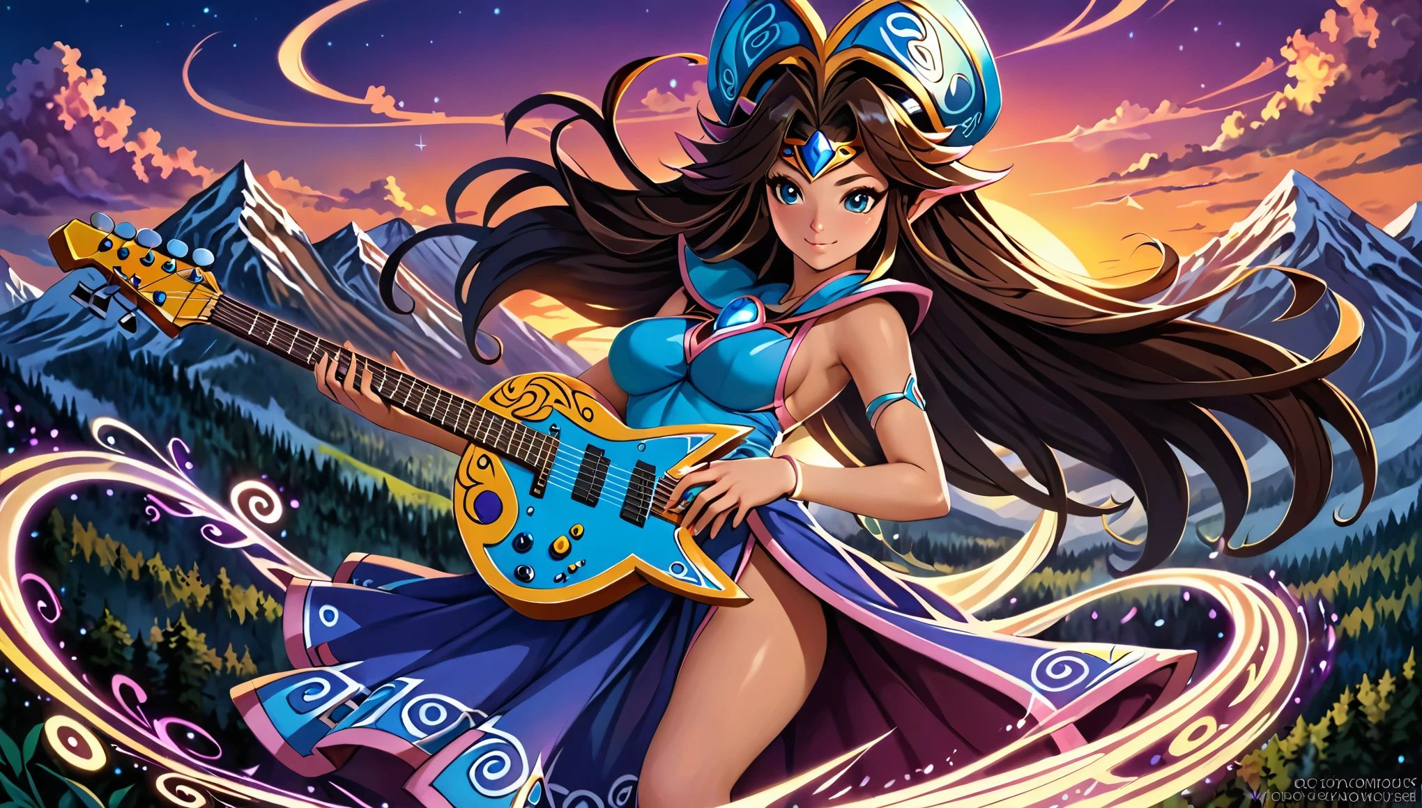 A beautifully detailed illustration of a mystical, dark-haired female mage inspired by the Dark Magician Girl from Yu-Gi-Oh, playing an intricate, enchanted guitar with magical symbols carved on it. She is surrounded by swirling magical energy and glowing symbols, with her hair flowing as if moved by a mystical wind. In the background, a glowing sunset blends with enchanted forests and mountains, and her music seems to bring life to nature. Style incorporates fantasy elements with a balance of light and shadow, capturing a mix of mysticism and warmth