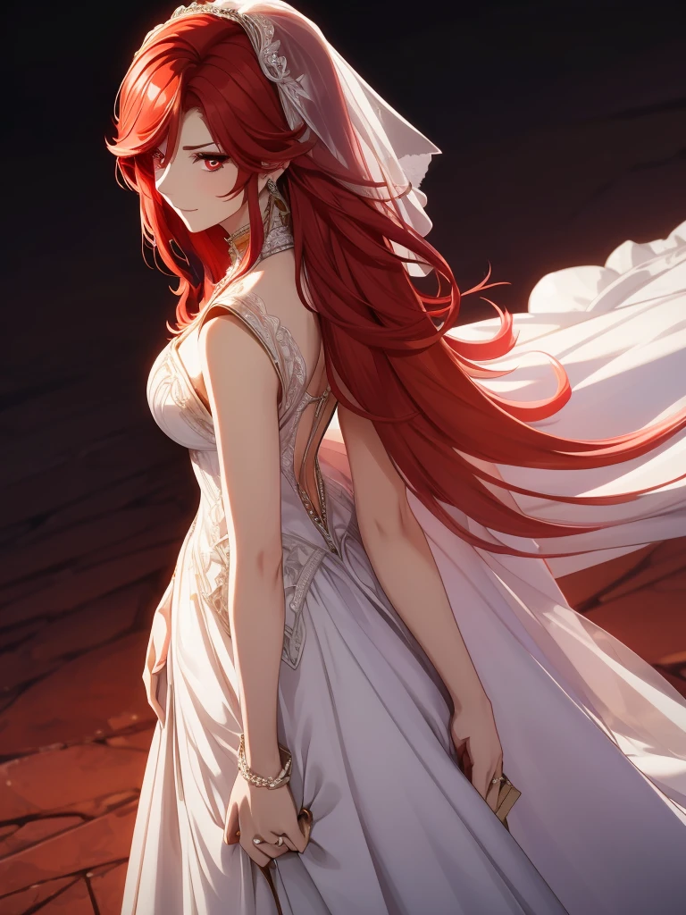 1woman, as a bride, wearing a white colour wedding frock, at a wedding ceremony, red hair and red eyes, 8k, high detailed, high quality, high accuracy, no other clothes, full body