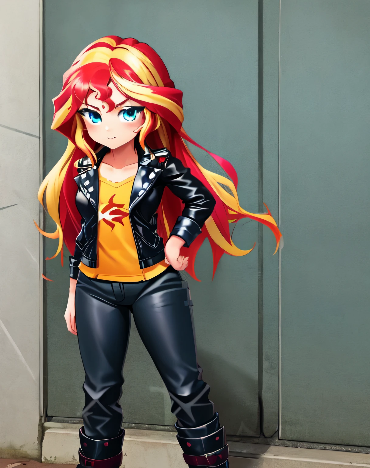 masterpiece_1girl_solo_with_multicolored_hair_red_hair_blonde_blue_eyes_leather_jacket_c_cup_pants_black_boots_facing_viewer_standing_outside