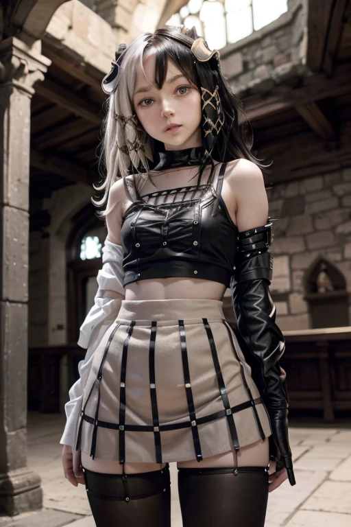 1 girl,Olantilene , x hair ornament, heterochromia, black eyes, grey eyes, fitted dress,  open neck mini skirt ,  small mini skirt , mini sex skirt ,  mini skirt with neckline ,senos sobresalientes,B ,  waist 50 cm and hips 60 cm,wide thighs,muslos grandes, in a gothic castle ..