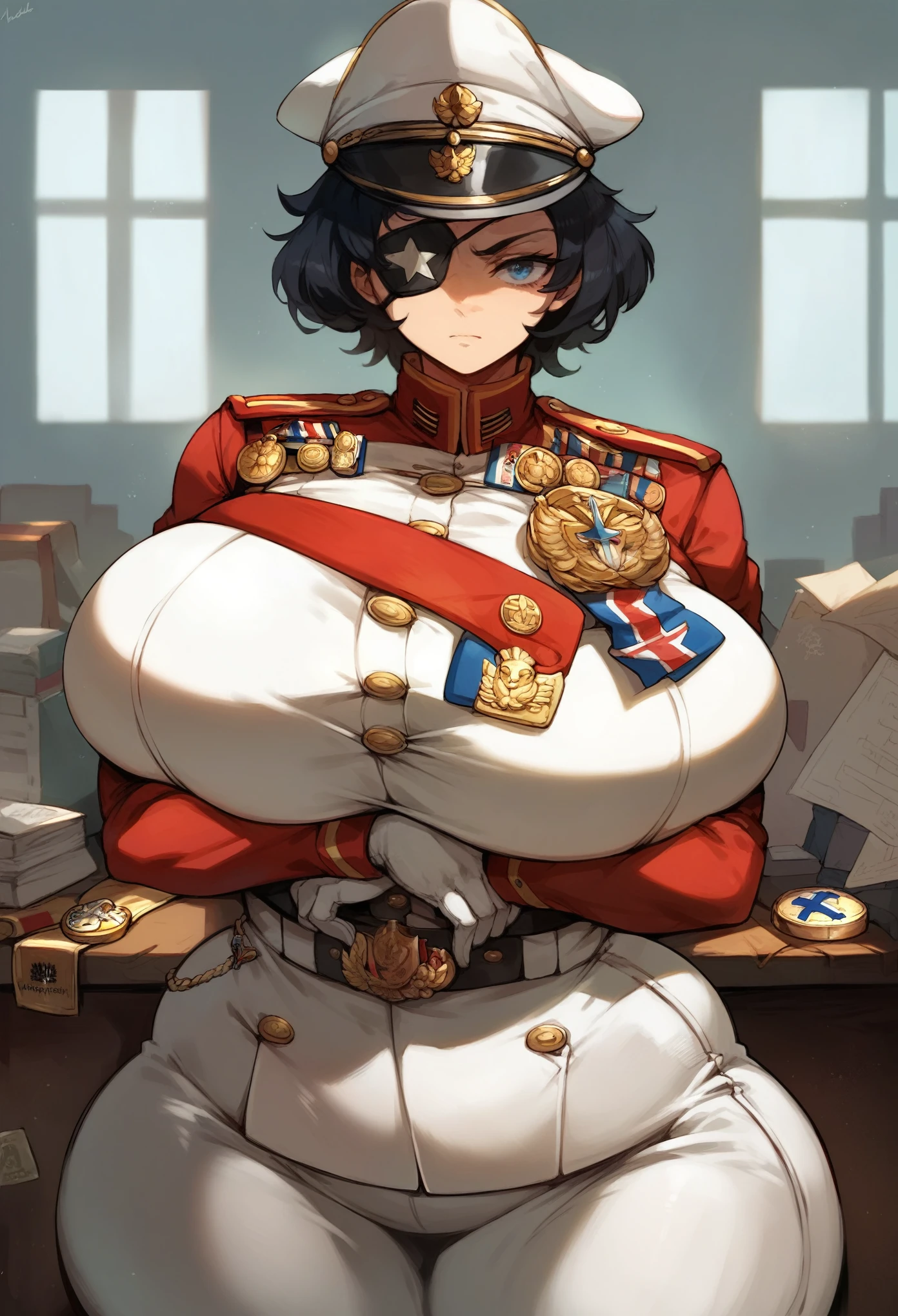 Masterpiece,best quality, high resolution,1 girl,black hair,short hair, blue eyes, eye patch,black eye patch, cowboy shot, military uniform,medals, ((White military uniform)),red accents, golden buttons, general cap,white gloves, voluptuous figure, dummy thicc,huge breasts, wide hips,thick thighs,angled view, military office, wooden desk, window, cabinet,plump, belly,((arms crossed)), squeezed breast 