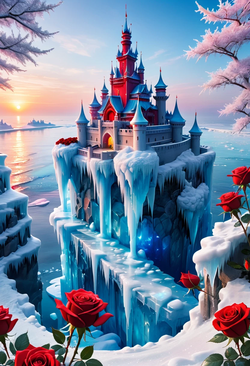 painting：(((sunrise，{{ocean}}，horizon，peaceful)))，( red roses in Ice s：1.37)，Ice s，，Frozen roses，，Ice Castle refracts light ，Clima festi events in Gaga ，Full of Lights, Cities in the air， Chinese style architecture ，High Angle View, multiple roles