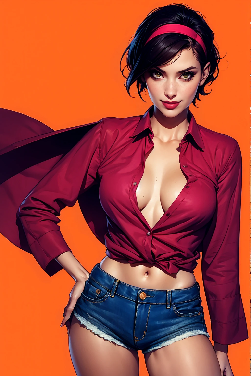 Alluring thin mature 40yo woman, smile, collared shirt, unbuttoned shirt, sleeves rolled up, denim shorts, small(tiny)breast, hairband, (narrow hips), sexy thighs, ((dark short hair, shaved sides)), comic retro style, (masterpiece, best quality:1.2), simple background
