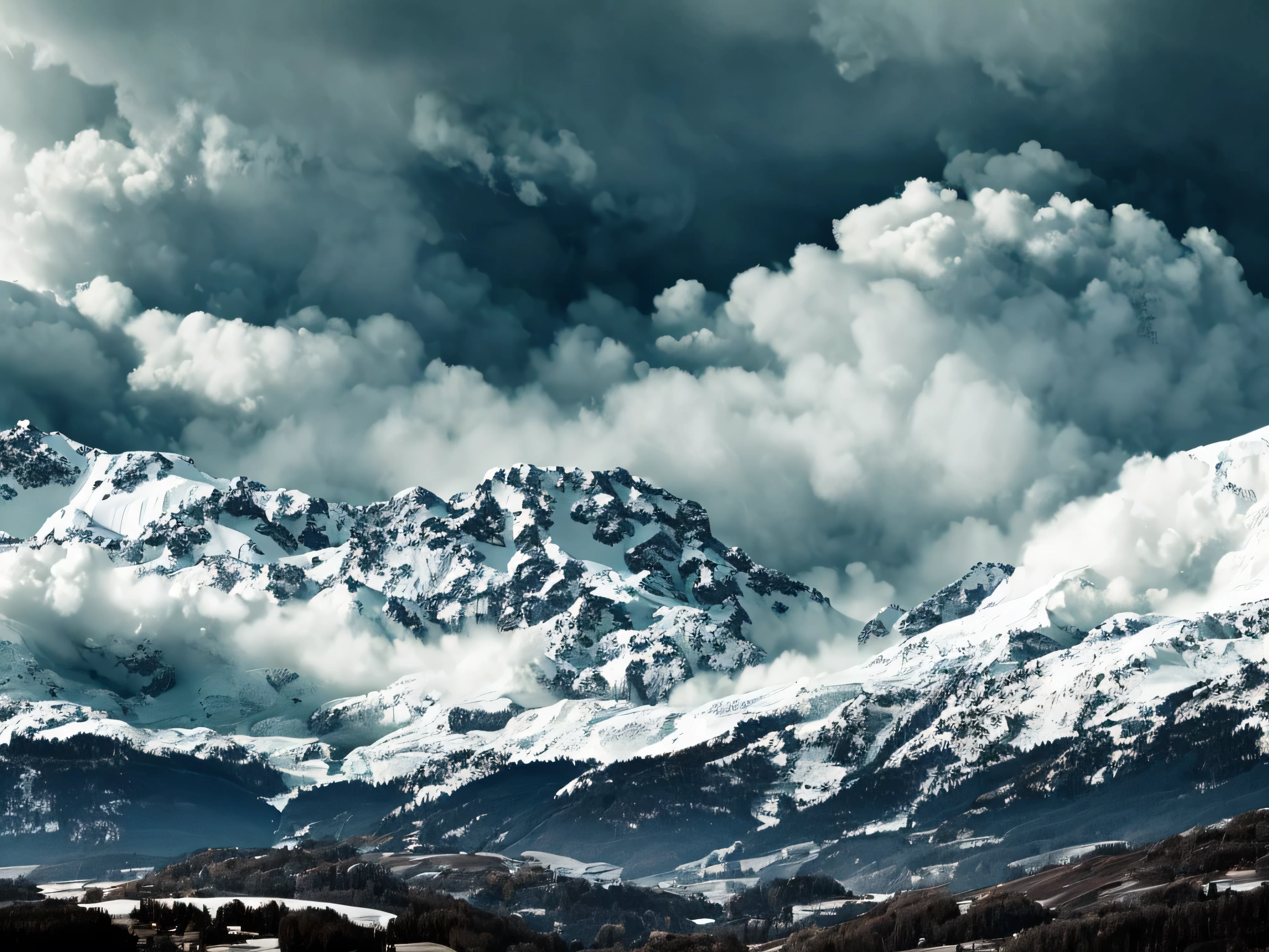 an avalanche photo, the photo has vintage looks, vhs looks, vintage tone, dark sky, overcast, dark cloud, vintage ad style