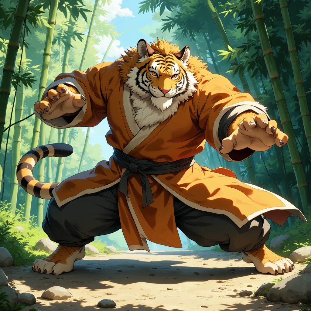 character focus, full body, looking away, dynamic angle, monk, a middle-aged tiger man, costume clothes, robe, shirt, pants, standing, action, kick, dynamic pose, BREAK full body in Michelangelo Buonarroti style, housamo style, digital illustration anime, detailed painting landscape, chinese bamboo forest, outdoor, full color, HDR, BREAK complete anatomy, perfect proportions, beautiful thigh gap, fluffy body, intricate fur details, beautiful fur texture, BREAK a detailed tiger 1tail, detailed toe, 5toes, 5toes nails, beautiful foot, detailed hands, 5fingers, 5fingers nails, BREAK aesthetic anime face, insanity detailed face, male face, big face, square jawline, aesthetic anime eyes, detailed brown eyes, detailed brown cornea, detailed dark brown irises, detailed pupils, male eyes, big eyes, male eyebrows, innocent look, beautiful beard, BREAK masterpiece, official art, best quality, very aesthetic, absurdres, super fine illustration, great quality, BREAK noise reduction, very highres, large filesize, high quality, 32K, 8k wallpaper, dynamic lighting, BREAK insanity detailed, ultra detailed, intricate details, extremely detailed, detailed texture, an extremely delicate and beautiful, BREAK e621 illustration, osukemo, kemohomo, anthropomorphic, furry, cartoon, harmonious body, pastoral face, virtuous eyes, epic atmosphere