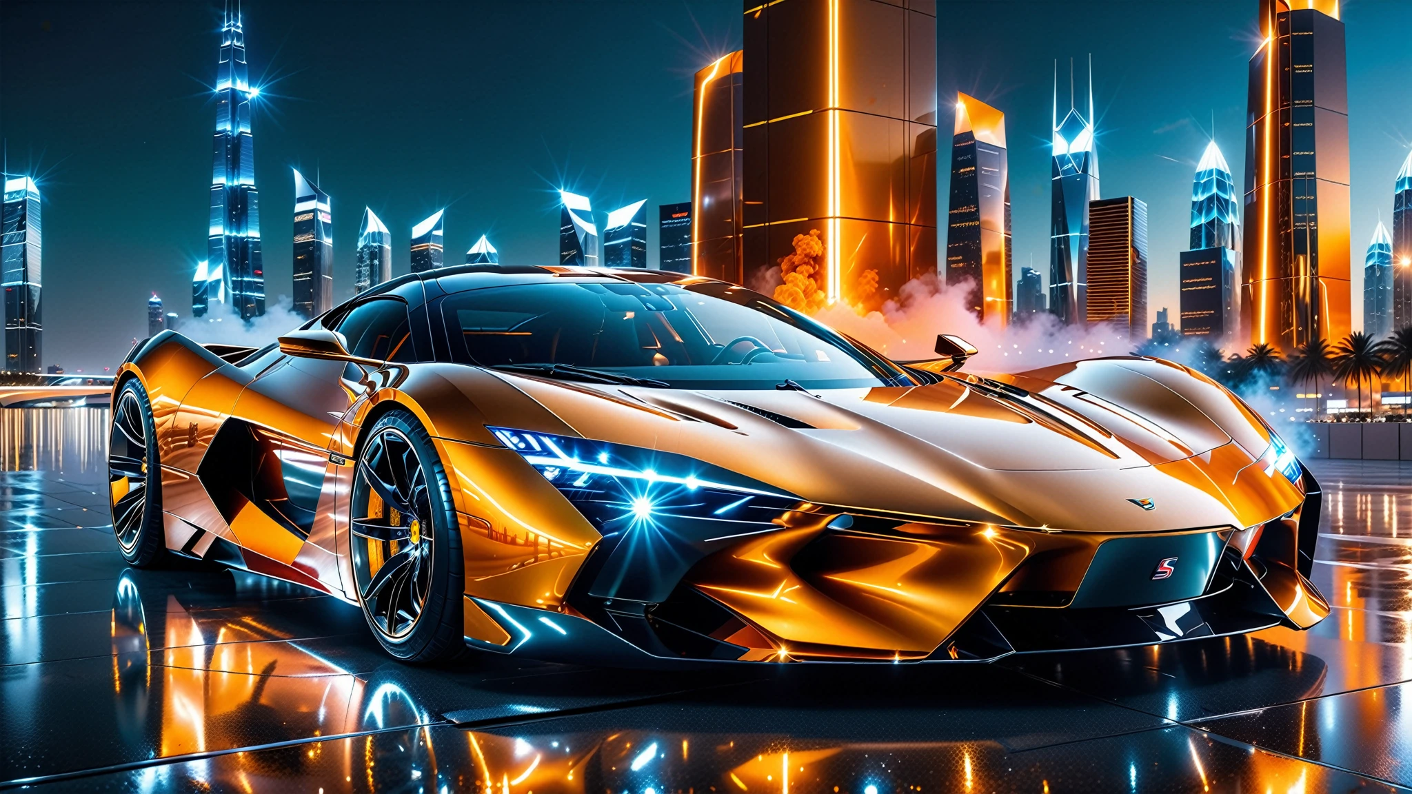 A Masterpiece In 32K Resolution, Supreme Quality, Super Detail, Official Art, Very High-Resolution 32K Wallpaper. Gleaming And Technological, Ultra-Detailed Features. A Gleaming, Ultra-Modern Supercar, Radiating With A Golden Glow As If Forged From Molten Metal. The City Features Towering Silver Skyscrapers And Transparent, Crystalline Domes That Shimmer In The Night. The Streets Are Packed With Sleek Supercars, Leaving Trails Of Fiery Light That Cut Through The Cool, Metallic Hues Of The Metropolis, Casting A Warm Glow Over The Entire Scene. Every Detail Embodies The Essence Of Futuristic Technology And Sophisticated Design.