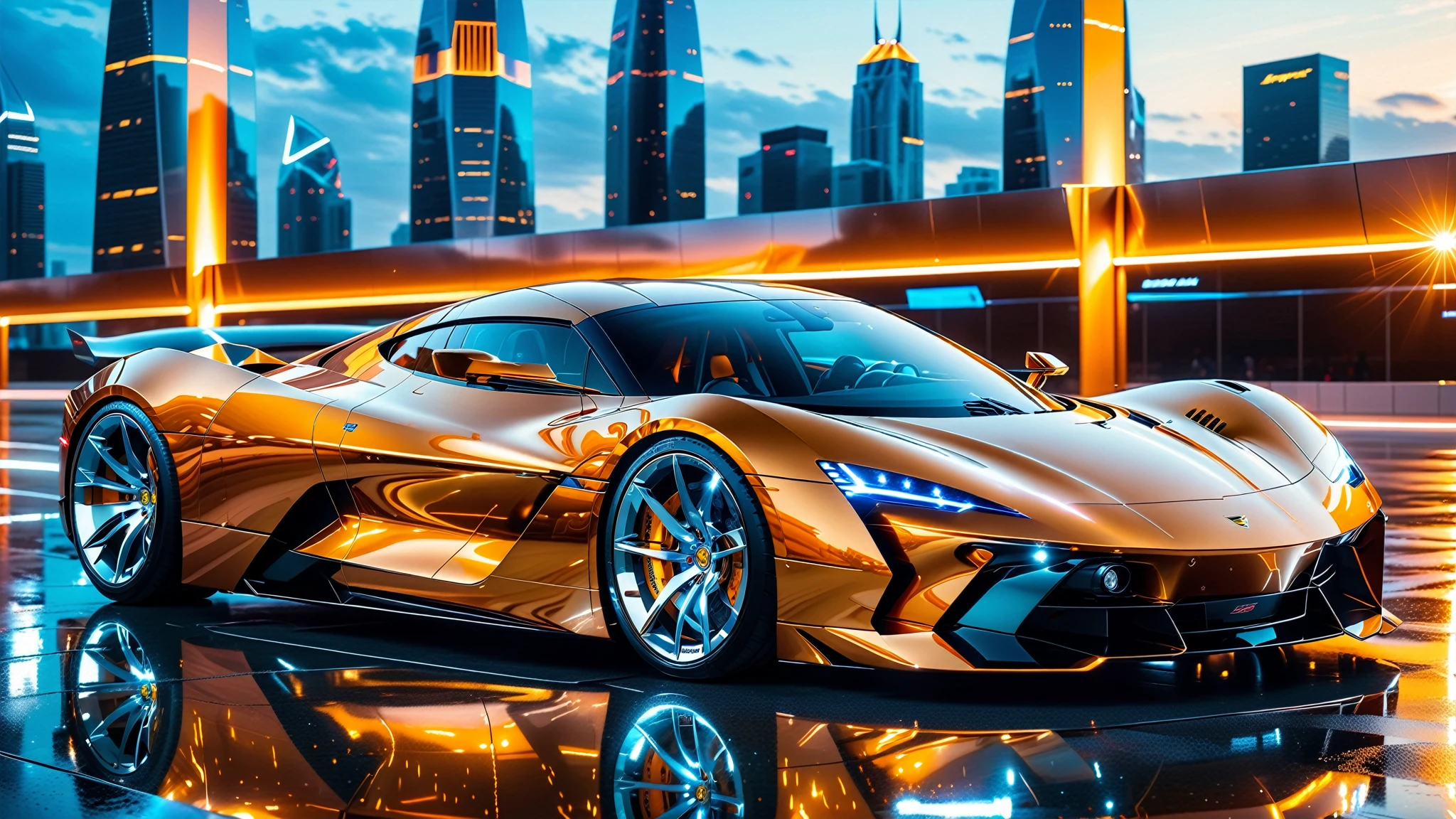 A Masterpiece In 32K Resolution, Supreme Quality, Super Detail, Official Art, Very High-Resolution 32K Wallpaper. Gleaming And Technological, Ultra-Detailed Features. A Gleaming, Ultra-Modern Supercar, Radiating With A Golden Glow As If Forged From Molten Metal. The City Features Towering Silver Skyscrapers And Transparent, Crystalline Domes That Shimmer In The Night. The Streets Are Packed With Sleek Supercars, Leaving Trails Of Fiery Light That Cut Through The Cool, Metallic Hues Of The Metropolis, Casting A Warm Glow Over The Entire Scene. Every Detail Embodies The Essence Of Futuristic Technology And Sophisticated Design.