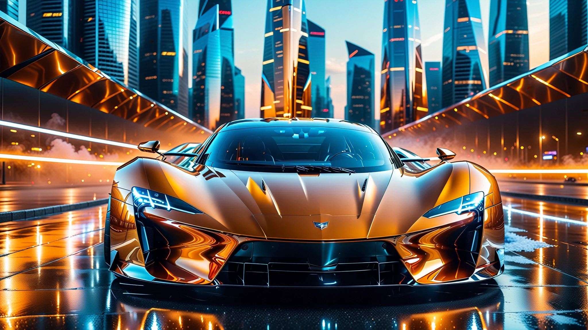 A Masterpiece In 32K Resolution, Supreme Quality, Super Detail, Official Art, Very High-Resolution 32K Wallpaper. Gleaming And Technological, Ultra-Detailed Features. A Gleaming, Ultra-Modern Supercar, Radiating With A Golden Glow As If Forged From Molten Metal. The City Features Towering Silver Skyscrapers And Transparent, Crystalline Domes That Shimmer In The Night. The Streets Are Packed With Sleek Supercars, Leaving Trails Of Fiery Light That Cut Through The Cool, Metallic Hues Of The Metropolis, Casting A Warm Glow Over The Entire Scene. Every Detail Embodies The Essence Of Futuristic Technology And Sophisticated Design.