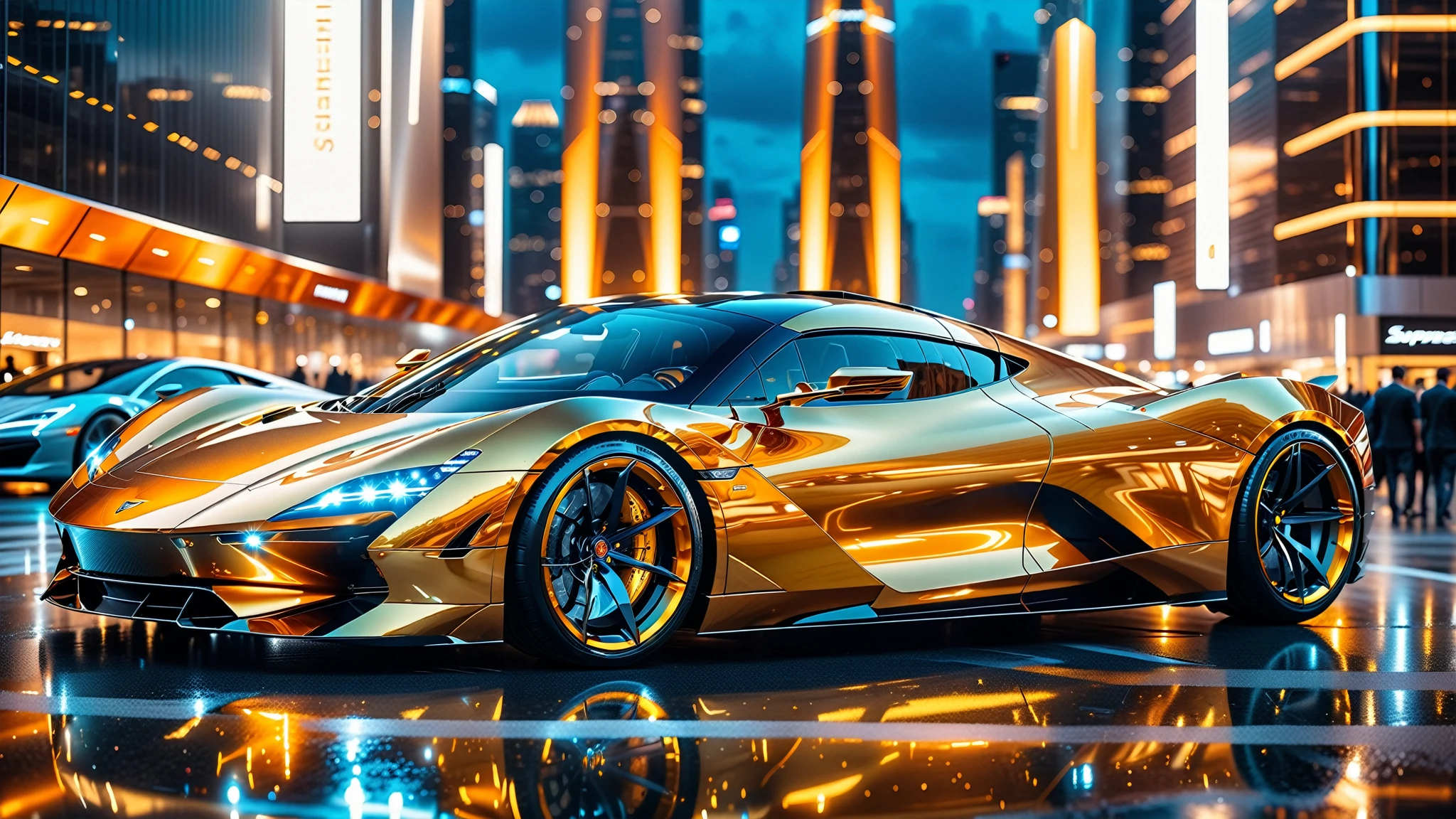 A Masterpiece In 32K Resolution, Supreme Quality, Super Detail, Official Art, Very High-Resolution 32K Wallpaper. Gleaming And Technological, Ultra-Detailed Features. A Gleaming, Ultra-Modern Supercar, Radiating With A Golden Glow As If Forged From Molten Metal. The City Features Towering Silver Skyscrapers And Transparent, Crystalline Domes That Shimmer In The Night. The Streets Are Packed With Sleek Supercars, Leaving Trails Of Fiery Light That Cut Through The Cool, Metallic Hues Of The Metropolis, Casting A Warm Glow Over The Entire Scene. Every Detail Embodies The Essence Of Futuristic Technology And Sophisticated Design.