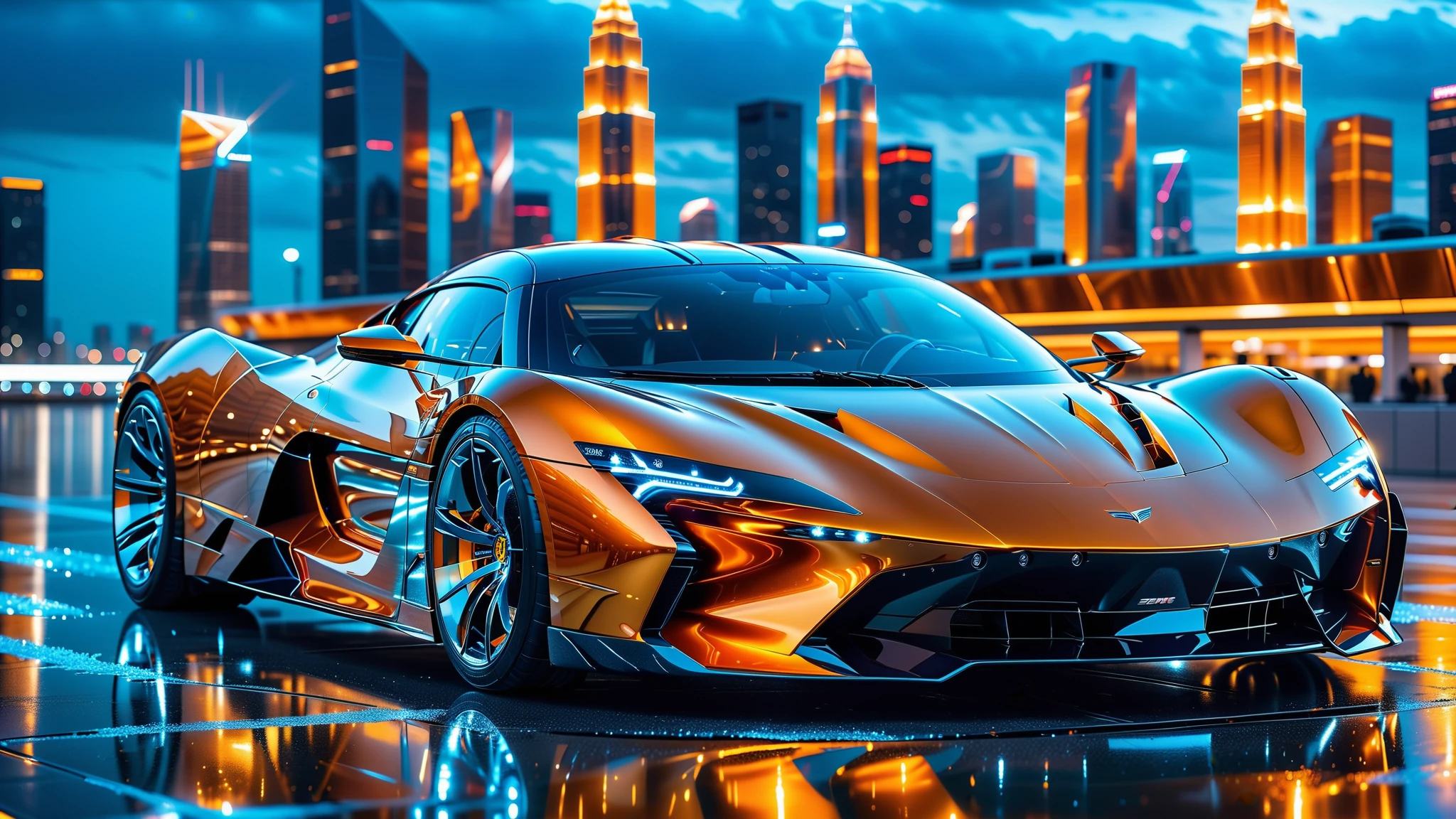 A Masterpiece In 32K Resolution, Supreme Quality, Super Detail, Official Art, Very High-Resolution 32K Wallpaper. Gleaming And Technological, Ultra-Detailed Features. A Gleaming, Ultra-Modern Supercar, Radiating With A Golden Glow As If Forged From Molten Metal. The City Features Towering Silver Skyscrapers And Transparent, Crystalline Domes That Shimmer In The Night. The Streets Are Packed With Sleek Supercars, Leaving Trails Of Fiery Light That Cut Through The Cool, Metallic Hues Of The Metropolis, Casting A Warm Glow Over The Entire Scene. Every Detail Embodies The Essence Of Futuristic Technology And Sophisticated Design.