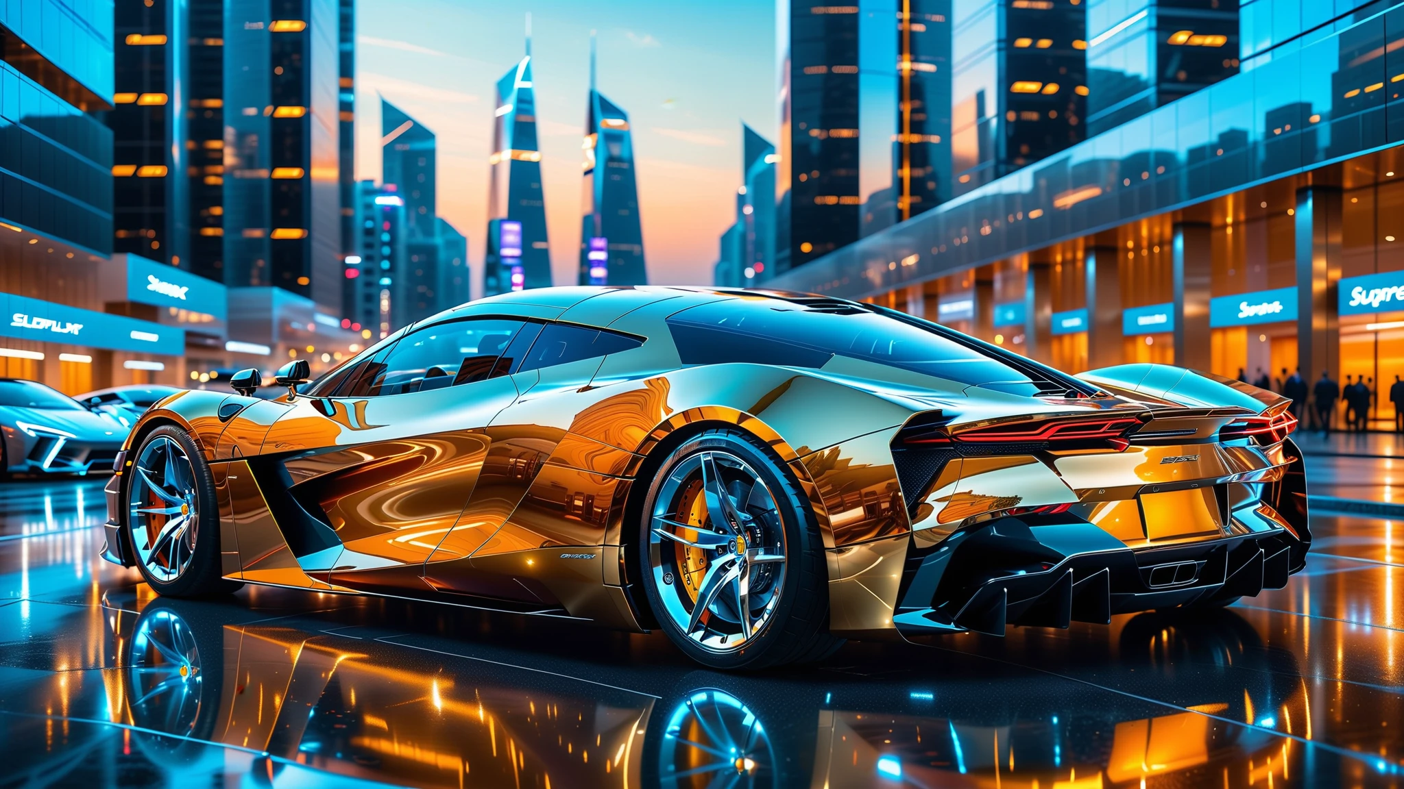 A Masterpiece In 32K Resolution, Supreme Quality, Super Detail, Official Art, Very High-Resolution 32K Wallpaper. Gleaming And Technological, Ultra-Detailed Features. A Gleaming, Ultra-Modern Supercar, Radiating With A Golden Glow As If Forged From Molten Metal. The City Features Towering Silver Skyscrapers And Transparent, Crystalline Domes That Shimmer In The Night. The Streets Are Packed With Sleek Supercars, Leaving Trails Of Fiery Light That Cut Through The Cool, Metallic Hues Of The Metropolis, Casting A Warm Glow Over The Entire Scene. Every Detail Embodies The Essence Of Futuristic Technology And Sophisticated Design.