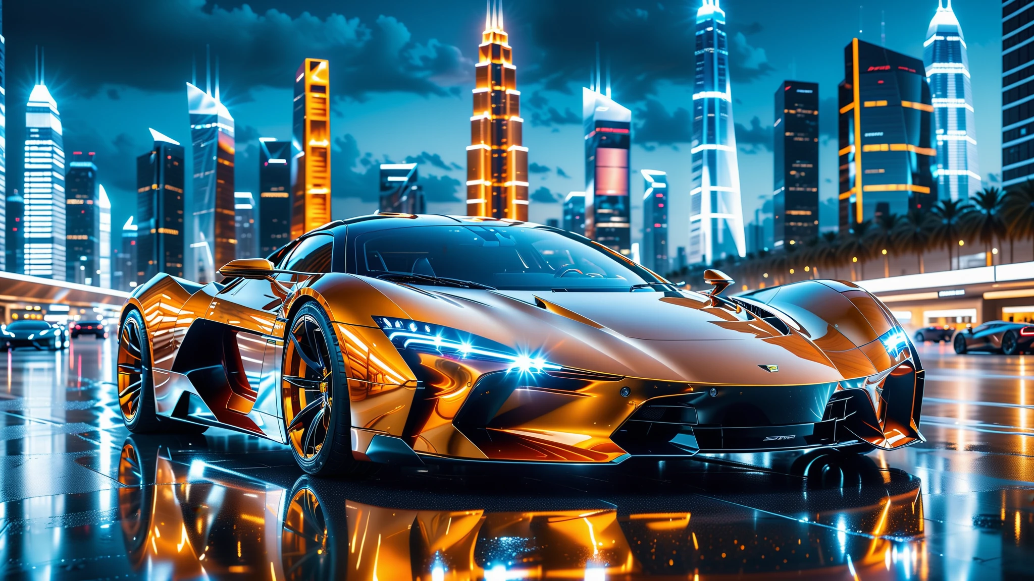 A Masterpiece In 32K Resolution, Supreme Quality, Super Detail, Official Art, Very High-Resolution 32K Wallpaper. Gleaming And Technological, Ultra-Detailed Features. A Gleaming, Ultra-Modern Supercar, Radiating With A Golden Glow As If Forged From Molten Metal. The City Features Towering Silver Skyscrapers And Transparent, Crystalline Domes That Shimmer In The Night. The Streets Are Packed With Sleek Supercars, Leaving Trails Of Fiery Light That Cut Through The Cool, Metallic Hues Of The Metropolis, Casting A Warm Glow Over The Entire Scene. Every Detail Embodies The Essence Of Futuristic Technology And Sophisticated Design.