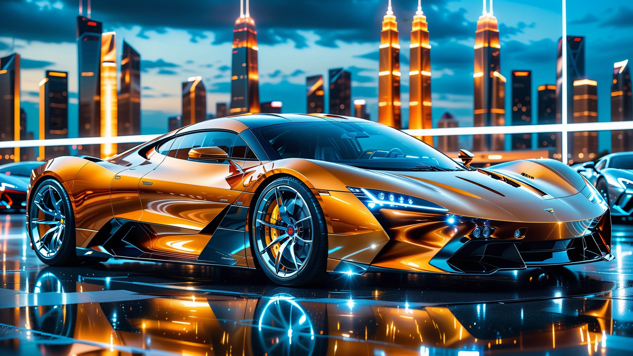 A Masterpiece In 32K Resolution, Supreme Quality, Super Detail, Official Art, Very High-Resolution 32K Wallpaper. Gleaming And Technological, Ultra-Detailed Features. A Gleaming, Ultra-Modern Supercar, Radiating With A Golden Glow As If Forged From Molten Metal. The City Features Towering Silver Skyscrapers And Transparent, Crystalline Domes That Shimmer In The Night. The Streets Are Packed With Sleek Supercars, Leaving Trails Of Fiery Light That Cut Through The Cool, Metallic Hues Of The Metropolis, Casting A Warm Glow Over The Entire Scene. Every Detail Embodies The Essence Of Futuristic Technology And Sophisticated Design.