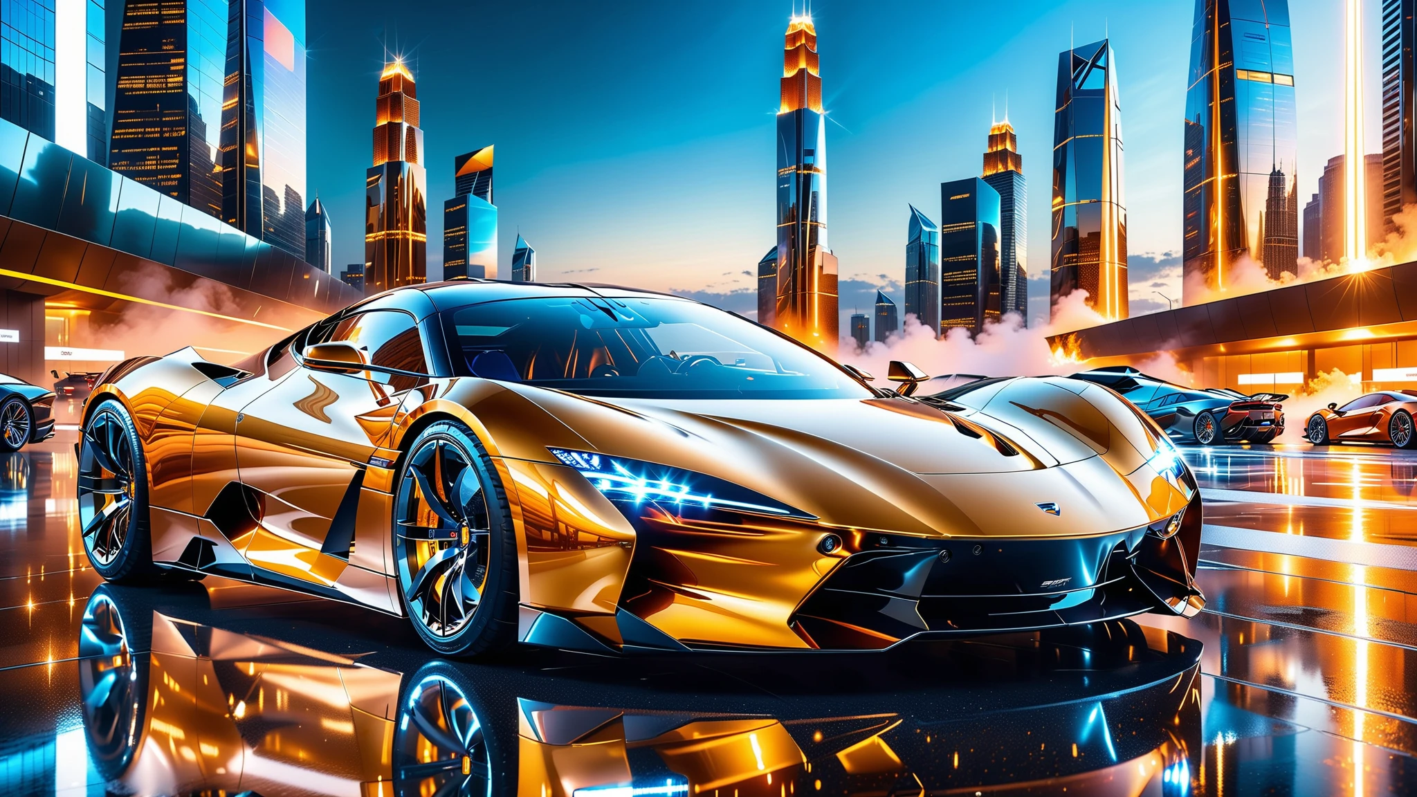 A Masterpiece In 32K Resolution, Supreme Quality, Super Detail, Official Art, Very High-Resolution 32K Wallpaper. Gleaming And Technological, Ultra-Detailed Features. A Gleaming, Ultra-Modern Supercar, Radiating With A Golden Glow As If Forged From Molten Metal. The City Features Towering Silver Skyscrapers And Transparent, Crystalline Domes That Shimmer In The Night. The Streets Are Packed With Sleek Supercars, Leaving Trails Of Fiery Light That Cut Through The Cool, Metallic Hues Of The Metropolis, Casting A Warm Glow Over The Entire Scene. Every Detail Embodies The Essence Of Futuristic Technology And Sophisticated Design.