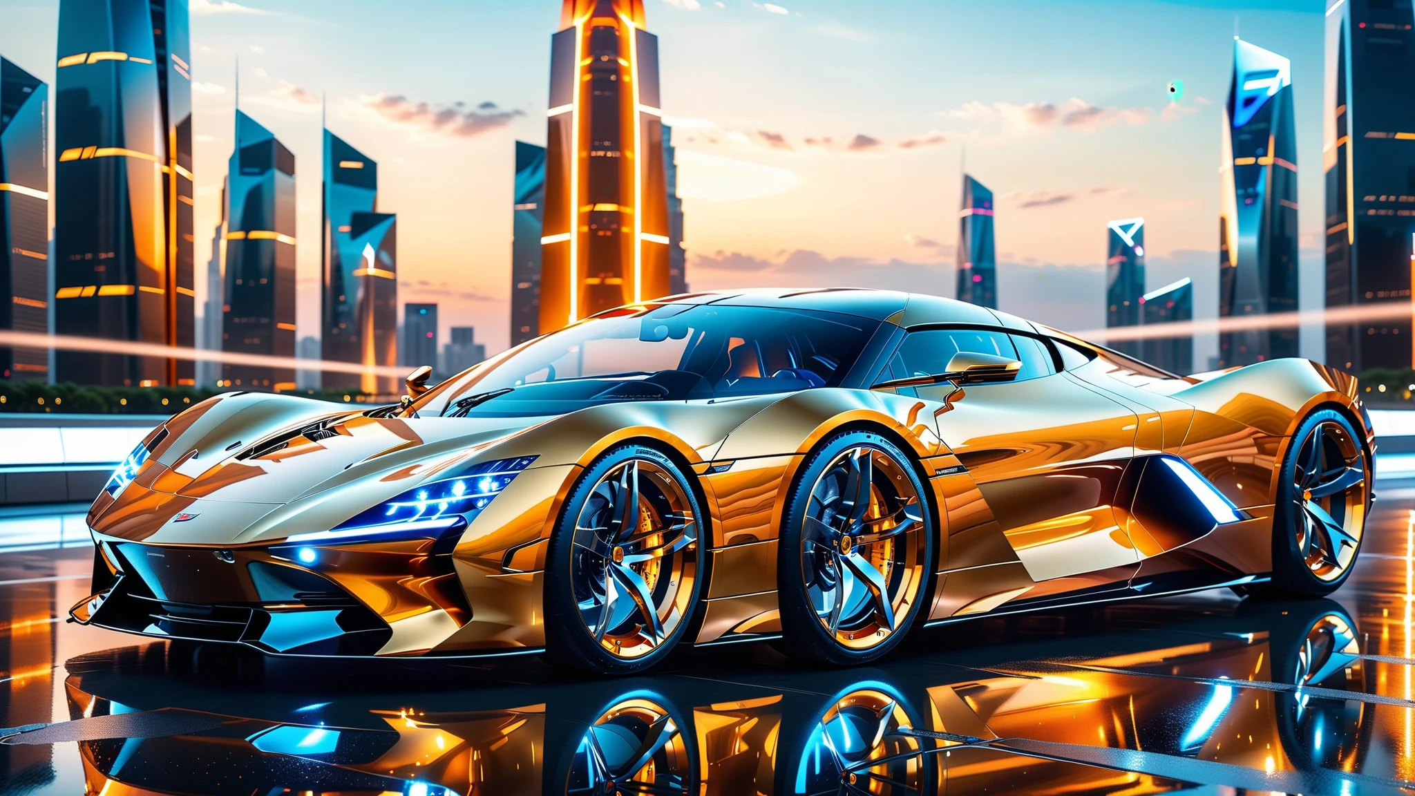 A Masterpiece In 32K Resolution, Supreme Quality, Super Detail, Official Art, Very High-Resolution 32K Wallpaper. Gleaming And Technological, Ultra-Detailed Features. A Gleaming, Ultra-Modern Supercar, Radiating With A Golden Glow As If Forged From Molten Metal. The City Features Towering Silver Skyscrapers And Transparent, Crystalline Domes That Shimmer In The Night. The Streets Are Packed With Sleek Supercars, Leaving Trails Of Fiery Light That Cut Through The Cool, Metallic Hues Of The Metropolis, Casting A Warm Glow Over The Entire Scene. Every Detail Embodies The Essence Of Futuristic Technology And Sophisticated Design.