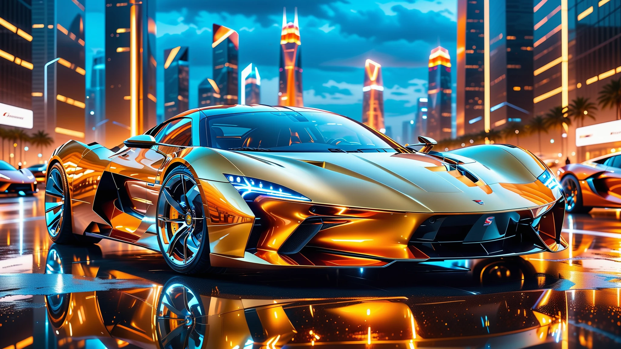 A Masterpiece In 32K Resolution, Supreme Quality, Super Detail, Official Art, Very High-Resolution 32K Wallpaper. Gleaming And Technological, Ultra-Detailed Features. A Gleaming, Ultra-Modern Supercar, Radiating With A Golden Glow As If Forged From Molten Metal. The City Features Towering Silver Skyscrapers And Transparent, Crystalline Domes That Shimmer In The Night. The Streets Are Packed With Sleek Supercars, Leaving Trails Of Fiery Light That Cut Through The Cool, Metallic Hues Of The Metropolis, Casting A Warm Glow Over The Entire Scene. Every Detail Embodies The Essence Of Futuristic Technology And Sophisticated Design.