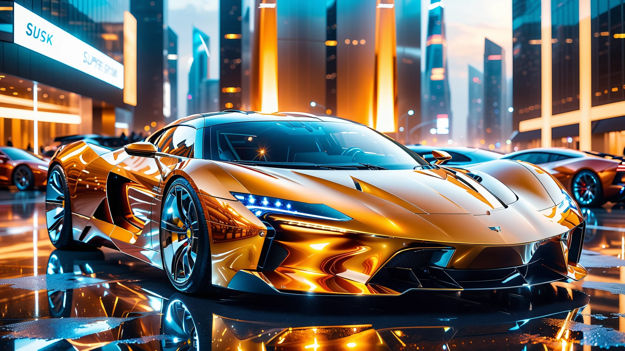 A Masterpiece In 32K Resolution, Supreme Quality, Super Detail, Official Art, Very High-Resolution 32K Wallpaper. Gleaming And Technological, Ultra-Detailed Features. A Gleaming, Ultra-Modern Supercar, Radiating With A Golden Glow As If Forged From Molten Metal. The City Features Towering Silver Skyscrapers And Transparent, Crystalline Domes That Shimmer In The Night. The Streets Are Packed With Sleek Supercars, Leaving Trails Of Fiery Light That Cut Through The Cool, Metallic Hues Of The Metropolis, Casting A Warm Glow Over The Entire Scene. Every Detail Embodies The Essence Of Futuristic Technology And Sophisticated Design.