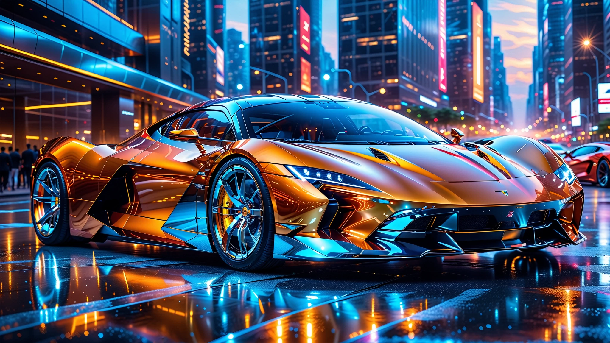 A Masterpiece In 32K Resolution, Supreme Quality, Super Detail, Official Art, Very High-Resolution 32K Wallpaper. Gleaming And Technological, Ultra-Detailed Features. A Gleaming, Ultra-Modern Supercar, Radiating With A Golden Glow As If Forged From Molten Metal. The City Features Towering Silver Skyscrapers And Transparent, Crystalline Domes That Shimmer In The Night. The Streets Are Packed With Sleek Supercars, Leaving Trails Of Fiery Light That Cut Through The Cool, Metallic Hues Of The Metropolis, Casting A Warm Glow Over The Entire Scene. Every Detail Embodies The Essence Of Futuristic Technology And Sophisticated Design.