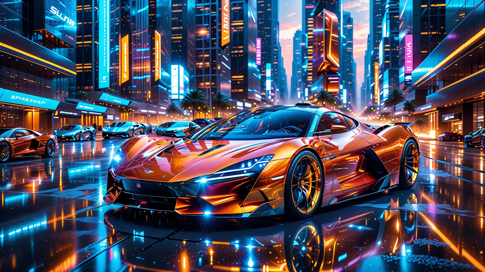 A Masterpiece In 32K Resolution, Supreme Quality, Super Detail, Official Art, Very High-Resolution 32K Wallpaper. Gleaming And Technological, Ultra-Detailed Features. A Gleaming, Ultra-Modern Supercar, Radiating With A Golden Glow As If Forged From Molten Metal. The City Features Towering Silver Skyscrapers And Transparent, Crystalline Domes That Shimmer In The Night. The Streets Are Packed With Sleek Supercars, Leaving Trails Of Fiery Light That Cut Through The Cool, Metallic Hues Of The Metropolis, Casting A Warm Glow Over The Entire Scene. Every Detail Embodies The Essence Of Futuristic Technology And Sophisticated Design.